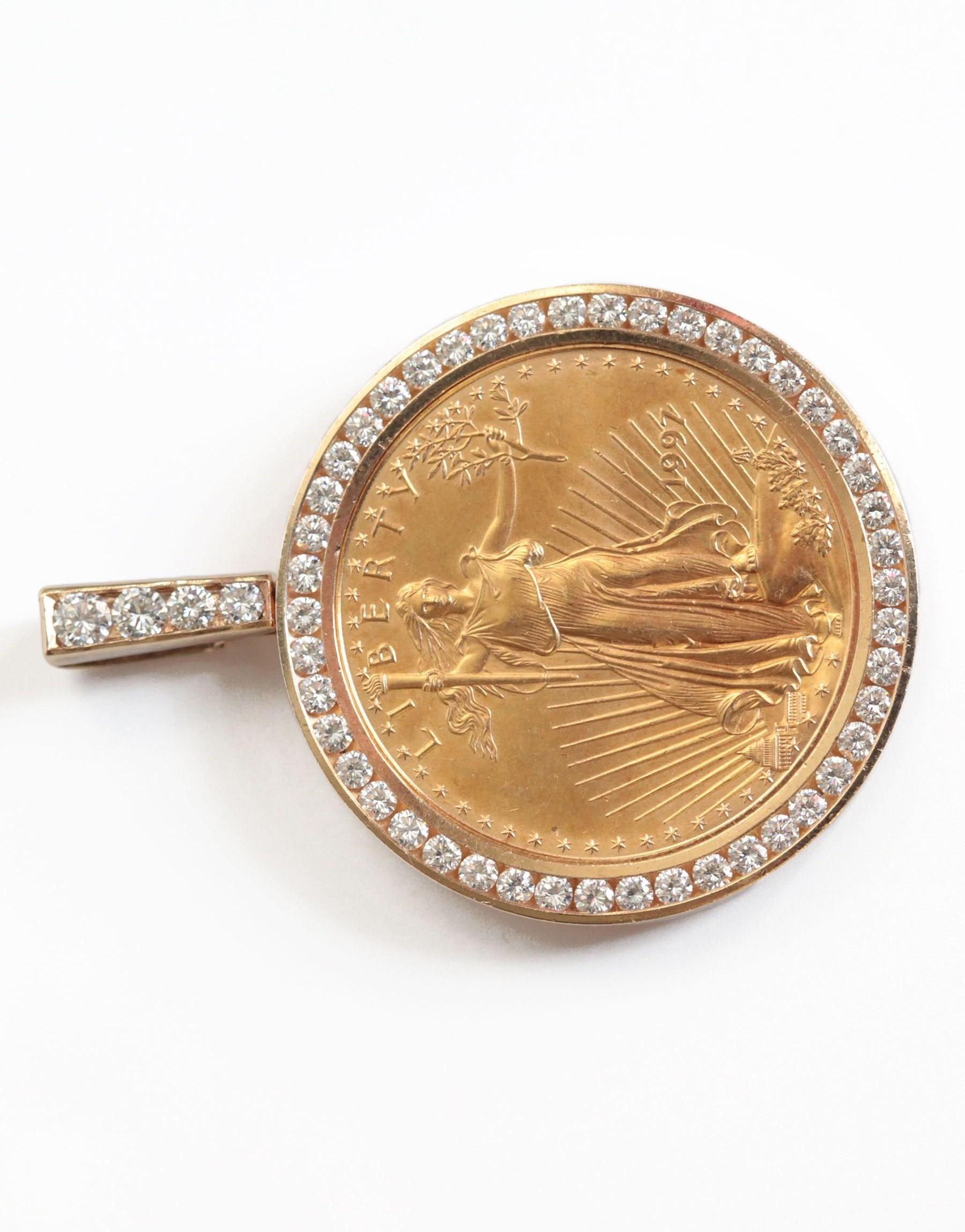 Stunning Standing Lady Liberty (front) and American Eagle (back) coin, crafted in fine solid yellow gold. This genuine US gold coin is showcased in a 14k yellow gold 2.25 total carat diamond pendant frame. The coin's beautiful design features Lady