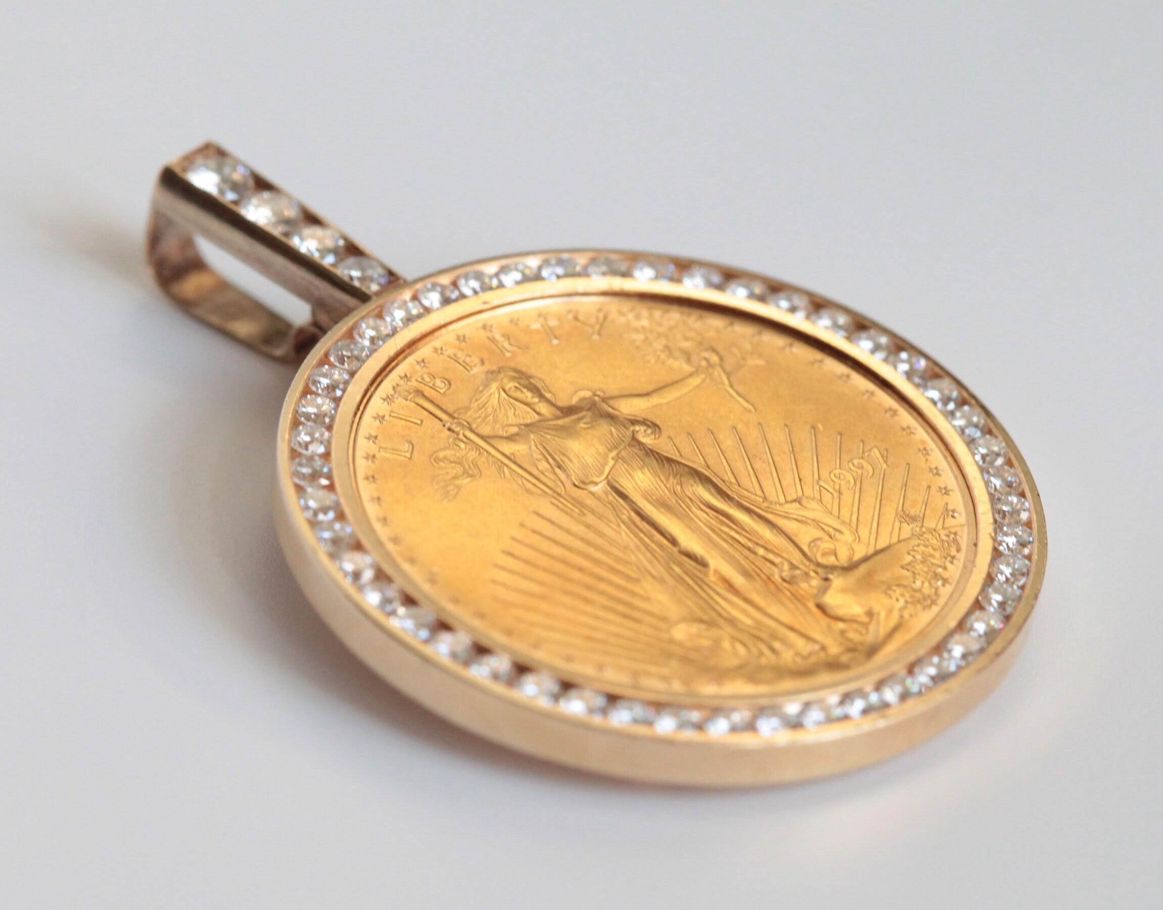 Round Cut 1997 1 oz 50 Dollars American Eagle Coin Pendant 14K Solid Yellow Gold Diamond