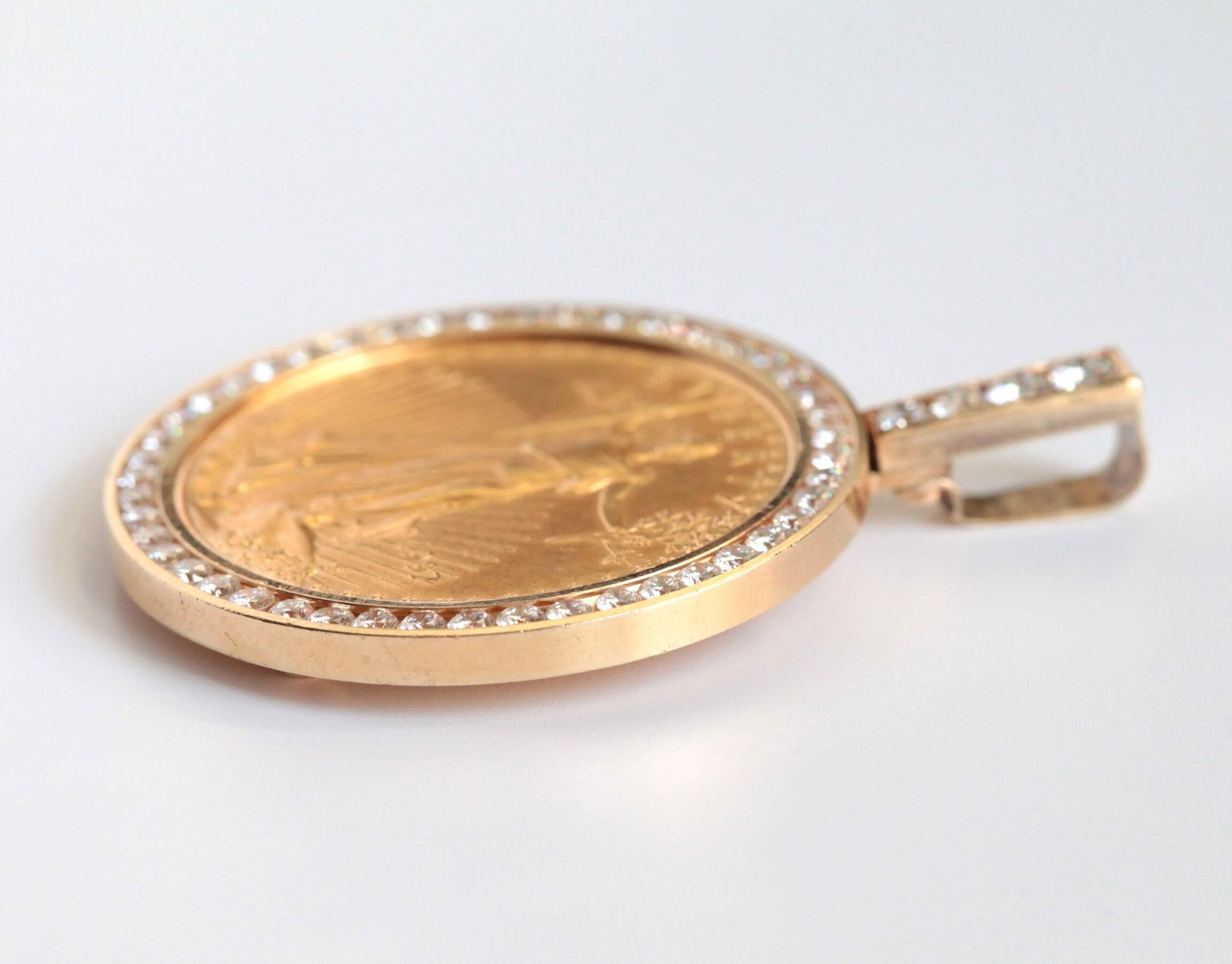 1997 1 oz 50 Dollars American Eagle Coin Pendant 14K Solid Yellow Gold Diamond In Good Condition In Greer, SC