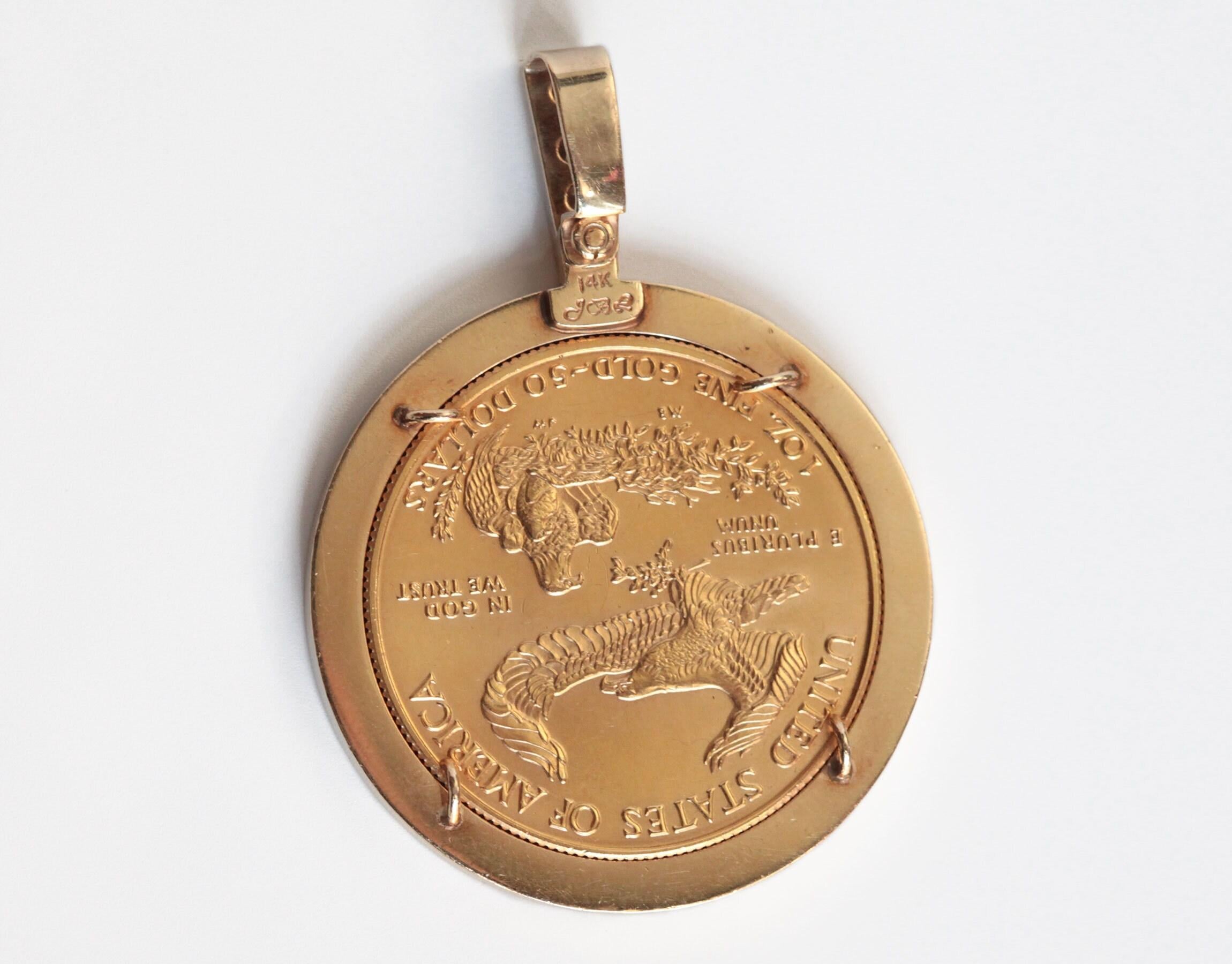 Women's or Men's 1997 1 oz 50 Dollars American Eagle Coin Pendant 14K Solid Yellow Gold Diamond