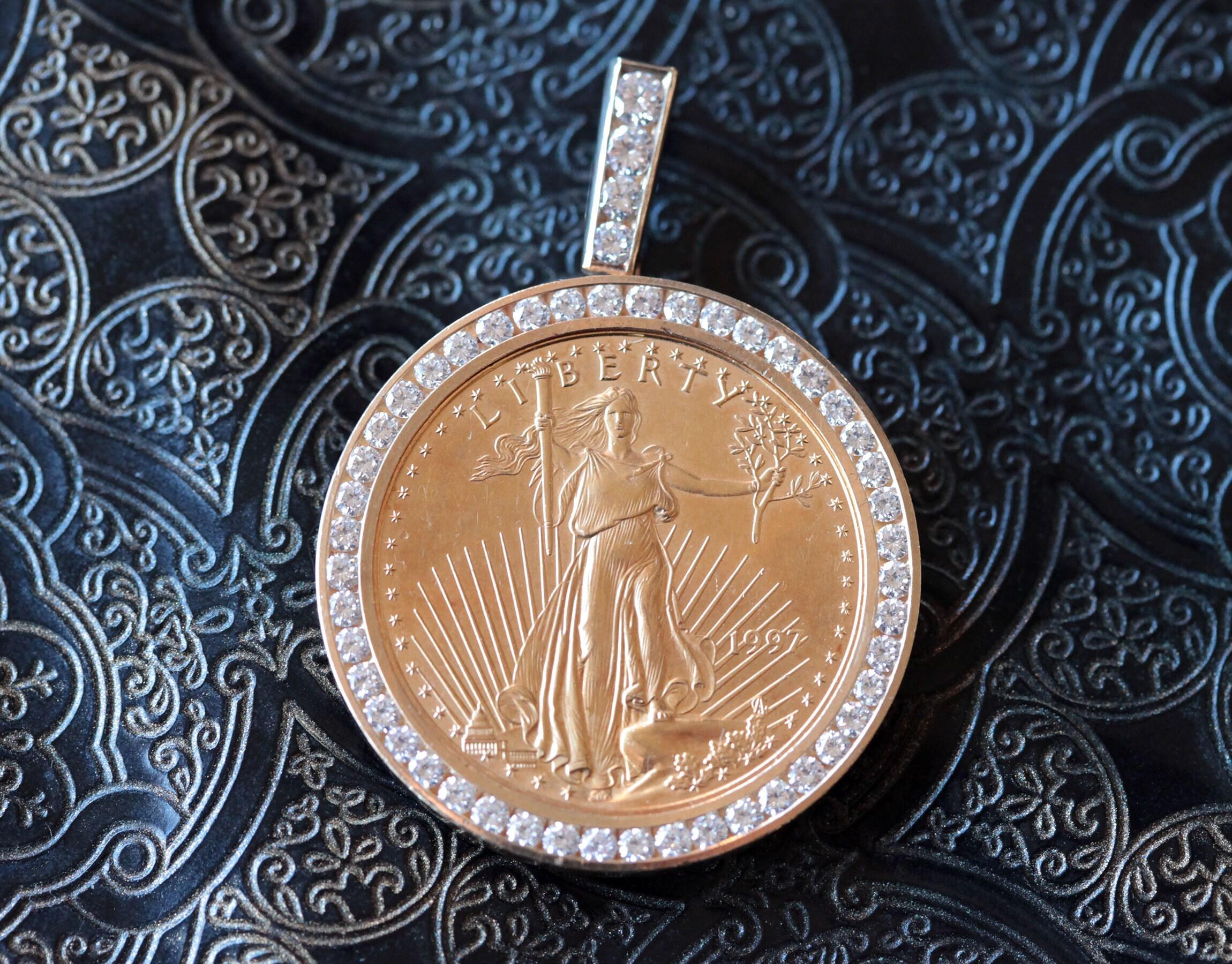 1997 1 oz 50 Dollars American Eagle Coin Pendant 14K Solid Yellow Gold Diamond 1