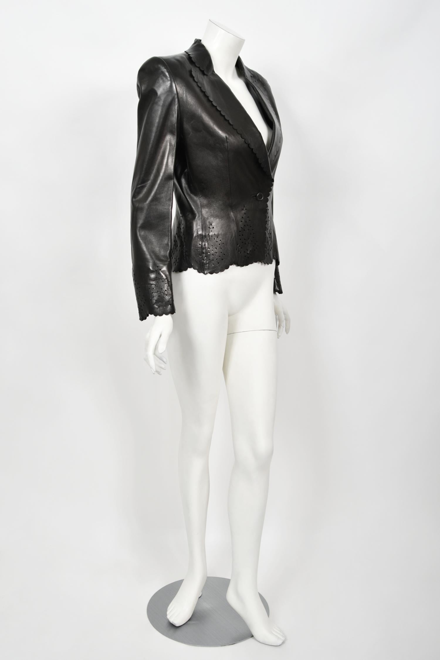 1997 Alexander Mcqueen for Givenchy Runway Black Leather Cutwork Blazer Jacket 6