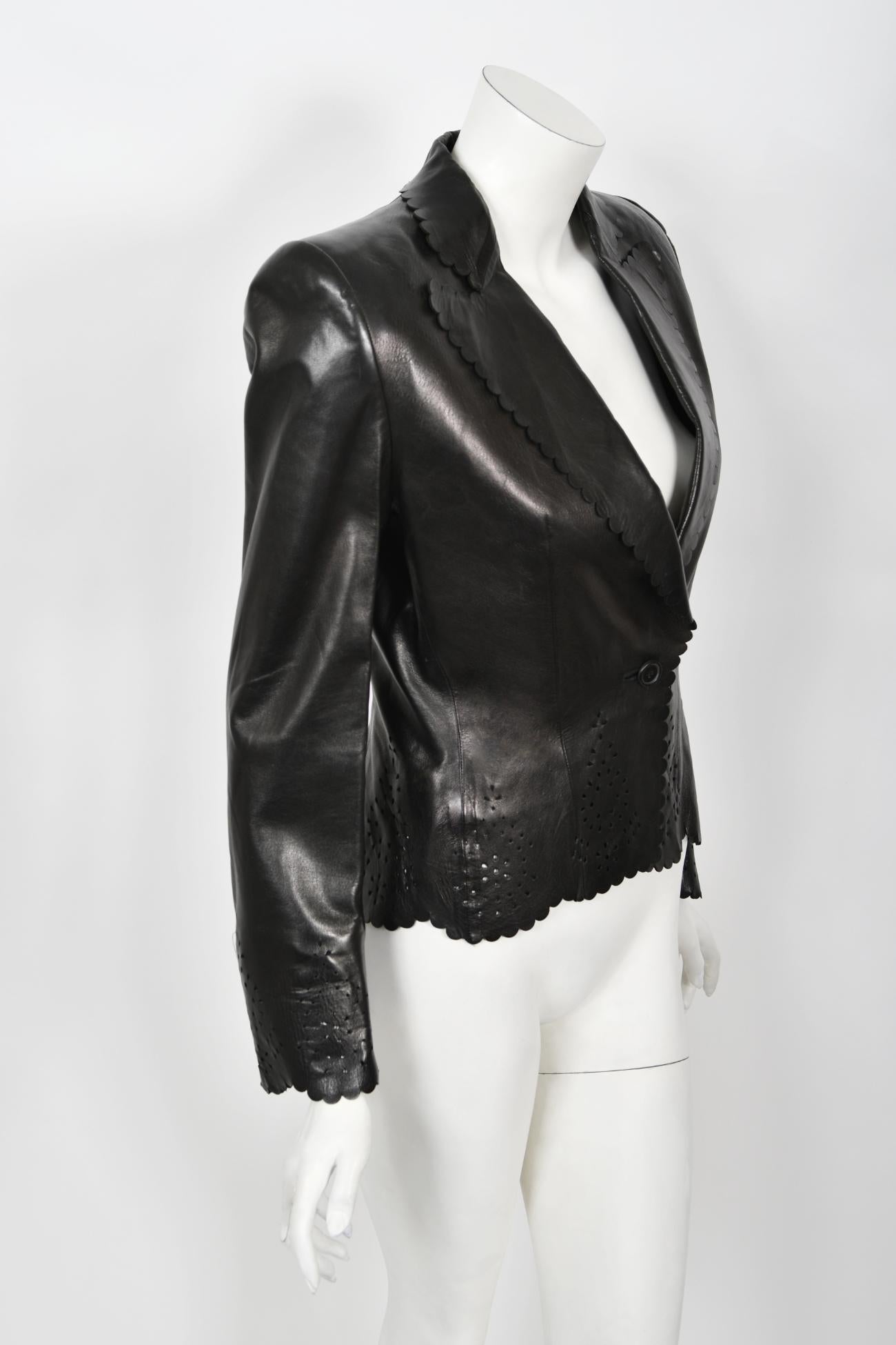 1997 Alexander Mcqueen for Givenchy Runway Black Leather Cutwork Blazer Jacket 7