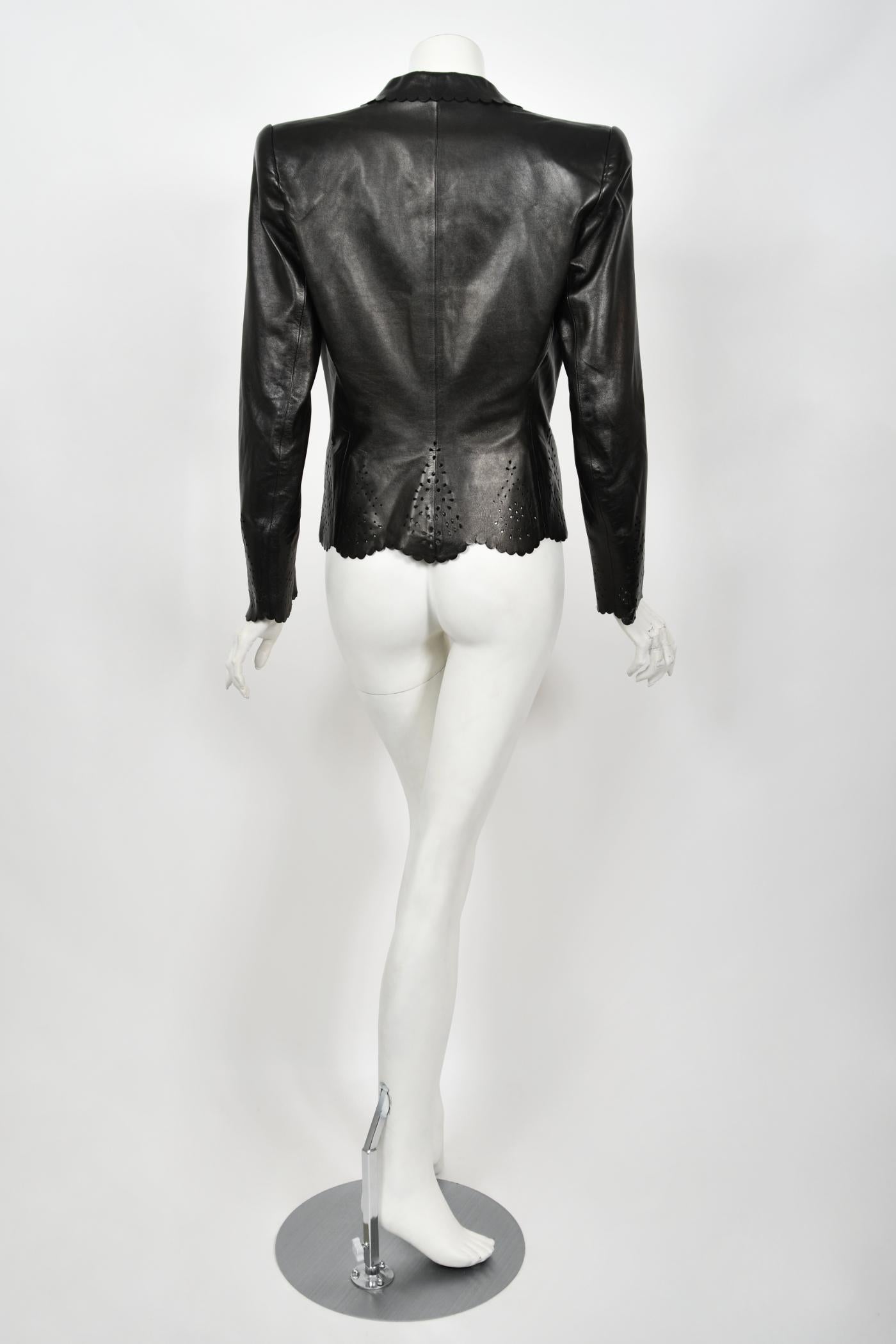 1997 Alexander Mcqueen for Givenchy Runway Black Leather Cutwork Blazer Jacket 9