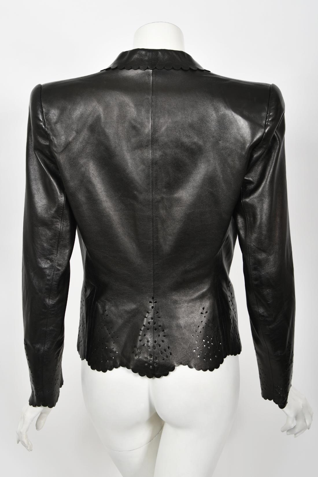 1997 Alexander Mcqueen for Givenchy Runway Black Leather Cutwork Blazer Jacket 10