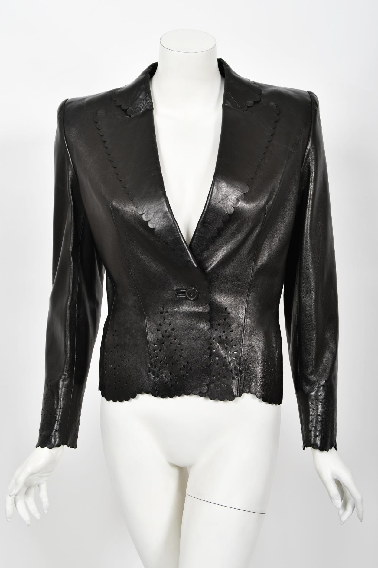 1997 Alexander Mcqueen for Givenchy Runway Black Leather Cutwork Blazer Jacket In Good Condition In Beverly Hills, CA