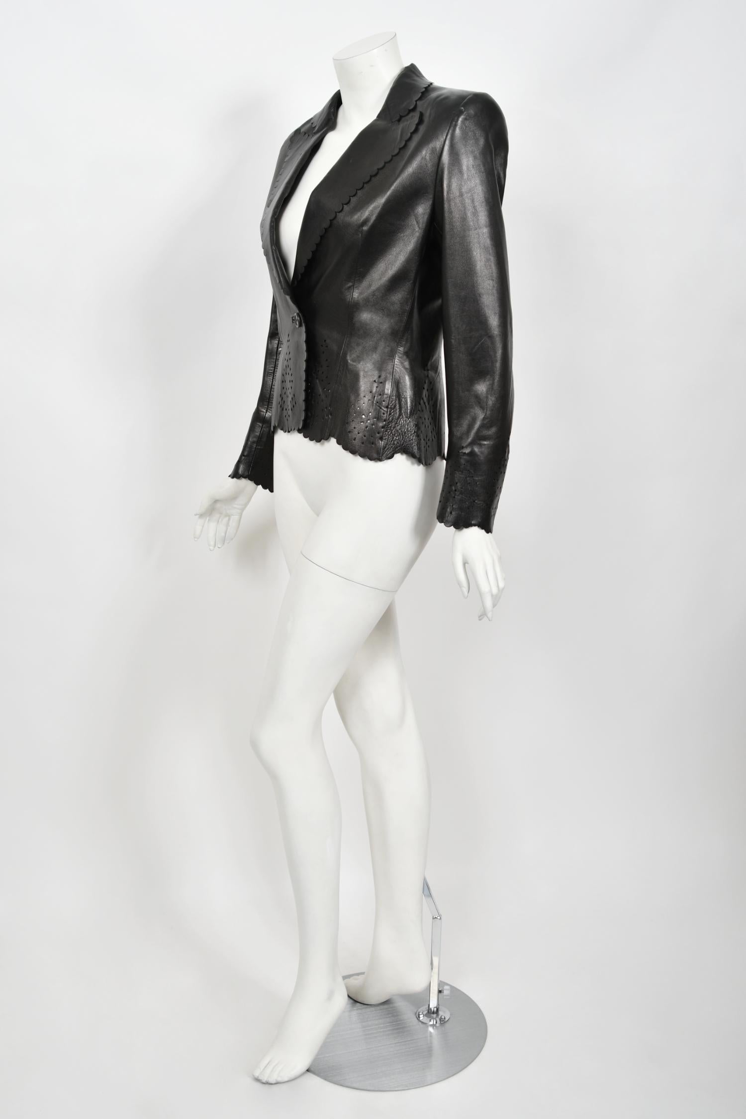 1997 Alexander Mcqueen for Givenchy Runway Black Leather Cutwork Blazer Jacket 2