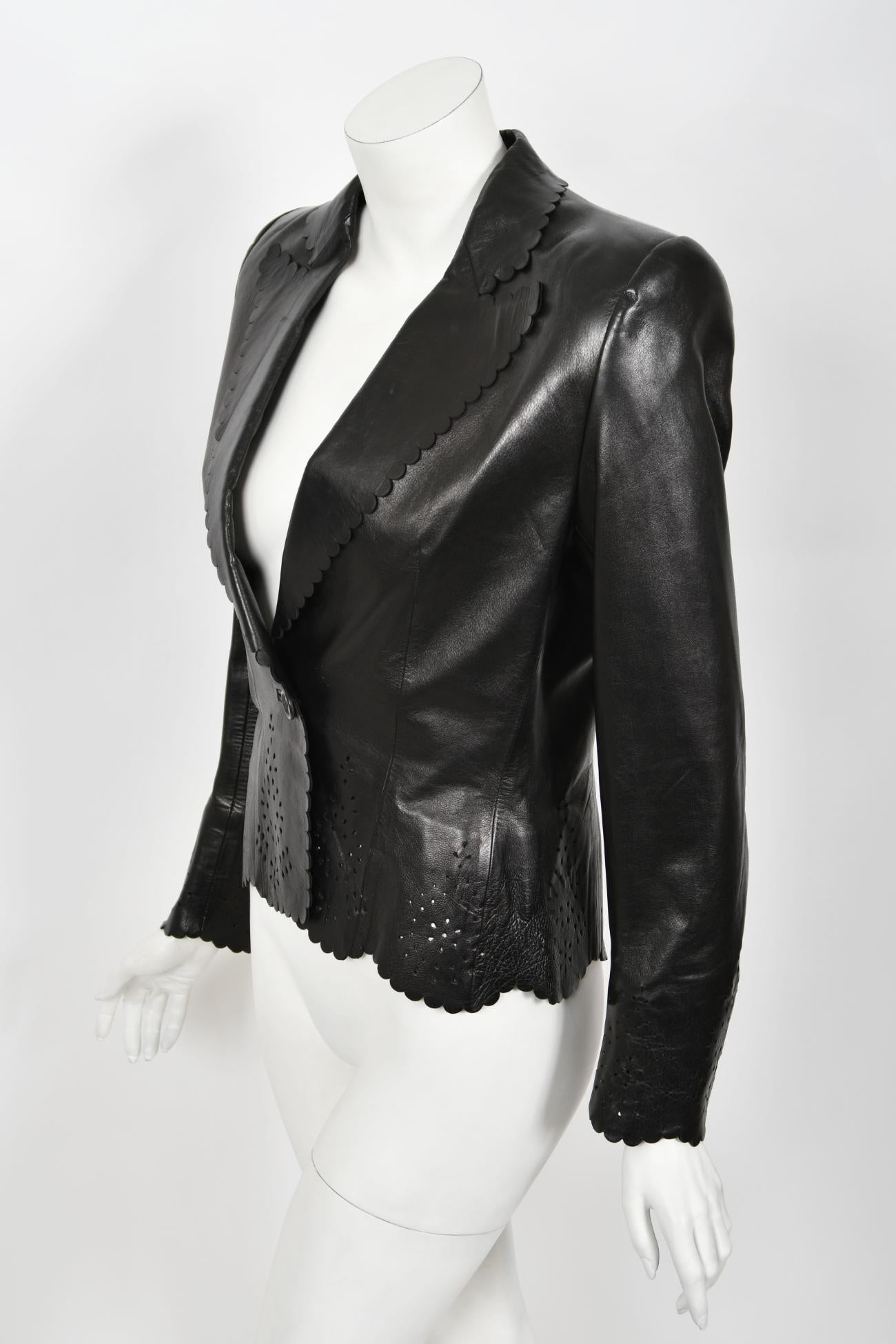 1997 Alexander Mcqueen for Givenchy Runway Black Leather Cutwork Blazer Jacket 3