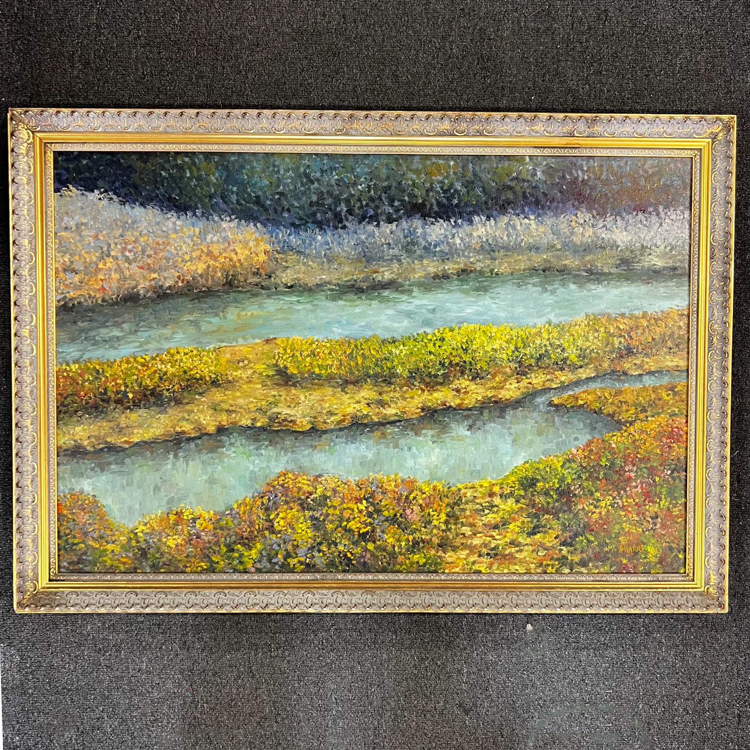 Art by Anne McSharry: Reflections
San Francisco CA
Oil on canvas impressionist landscape.
Signed and framed.
27.5 tall x 39.5 w x 1.75 d, art 35.5 w x 23.5 tall
Preowned original vintage condition
Refer to all images.