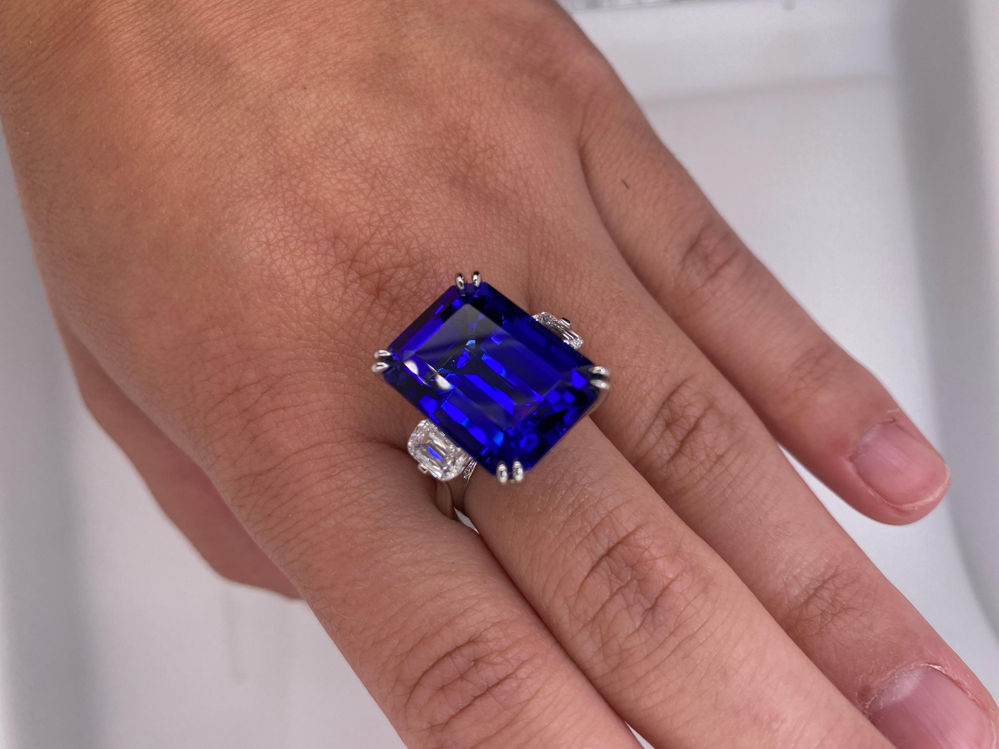 19.97 Carat Emerald Cut Blue Tanzanite and Diamond Ring For Sale 1