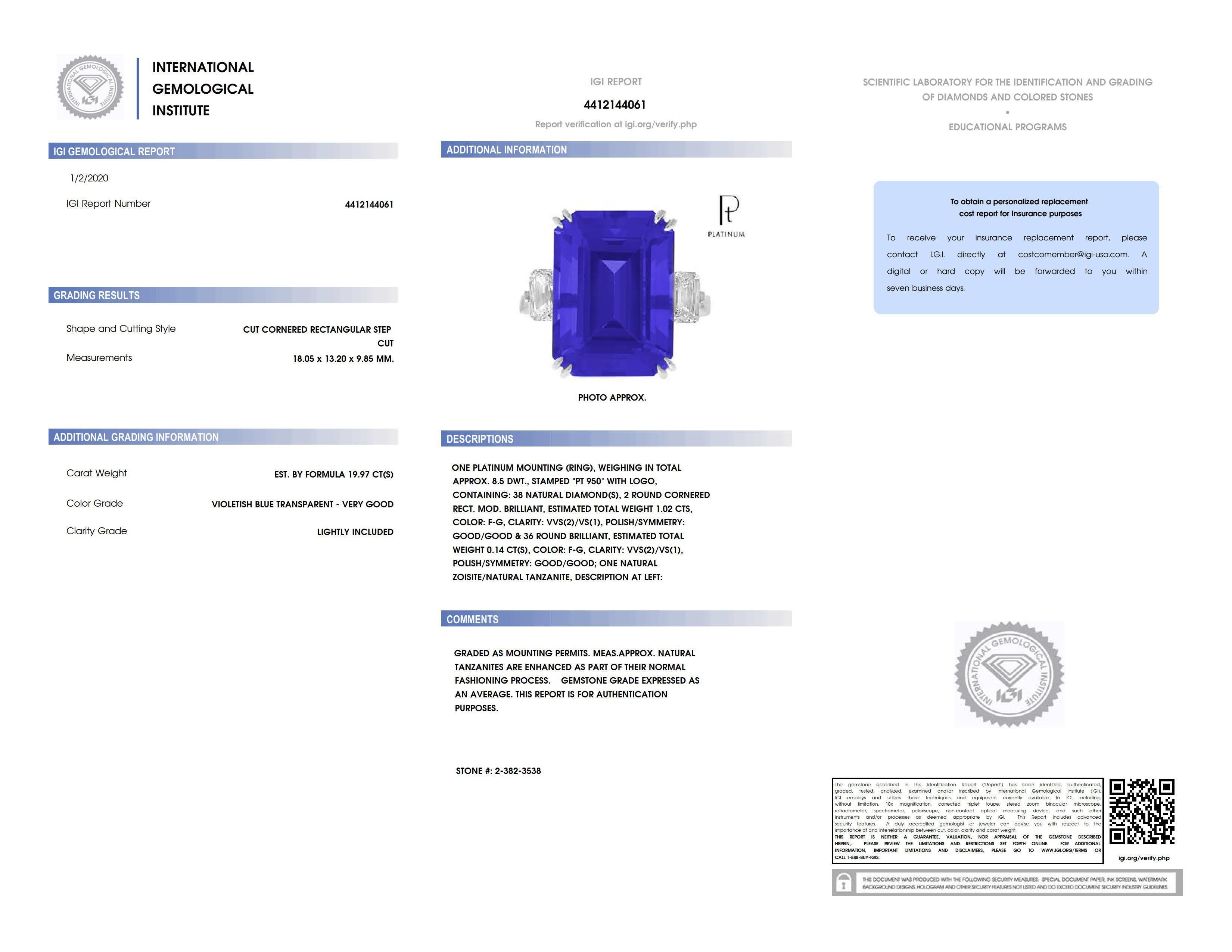 19.97 Carat Emerald Cut Blue Tanzanite and Diamond Ring For Sale 2