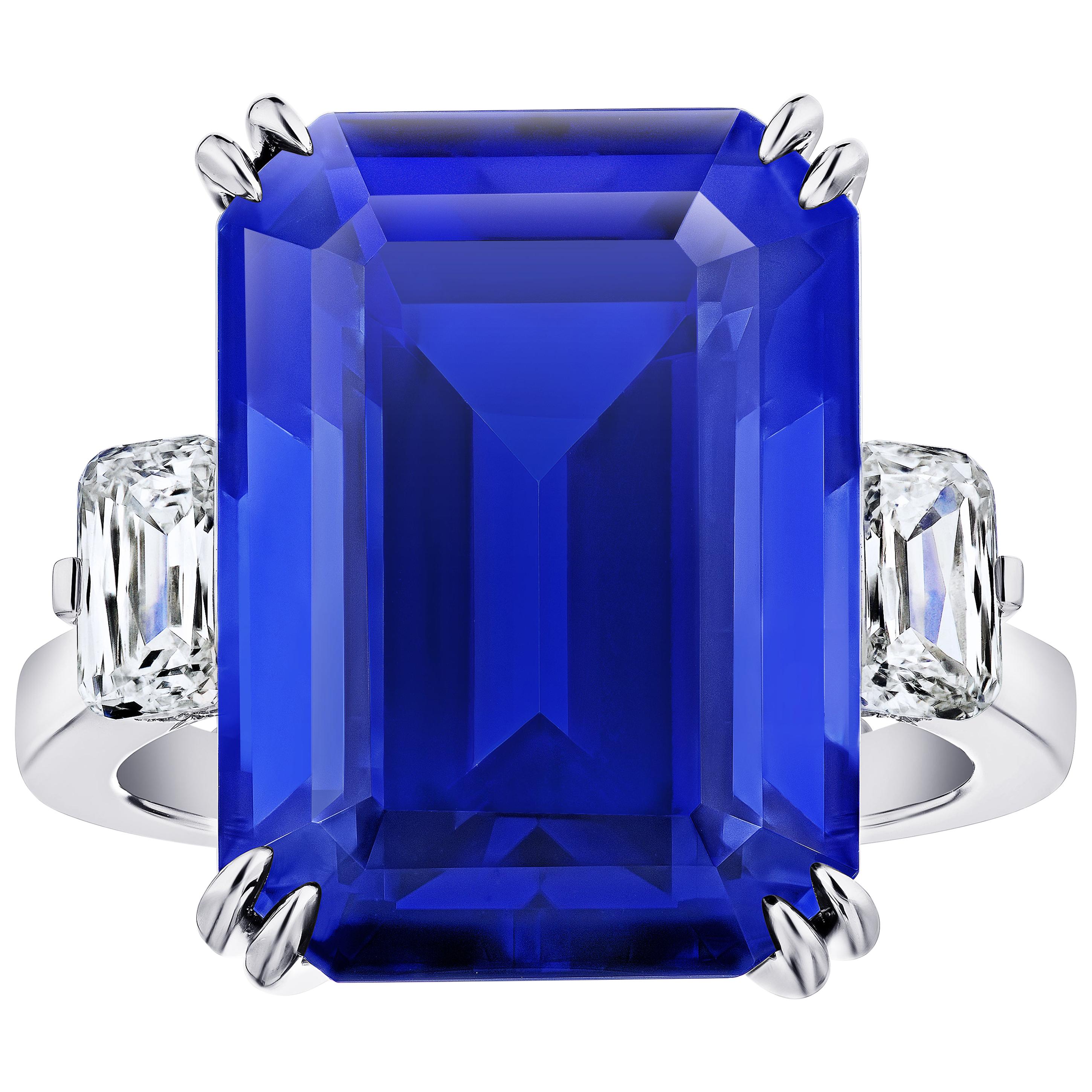19.97 Carat Emerald Cut Blue Tanzanite and Diamond Ring For Sale