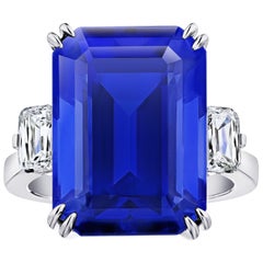 19.97 Carat Emerald Cut Blue Tanzanite and Diamond Ring