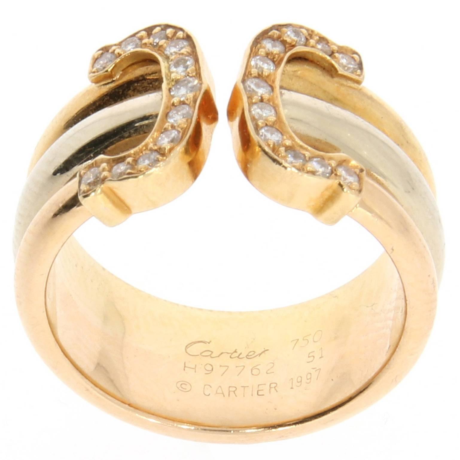 1997 Cartier Double C White Diamond Tricolor Yellow, Rose, White Gold Band Ring