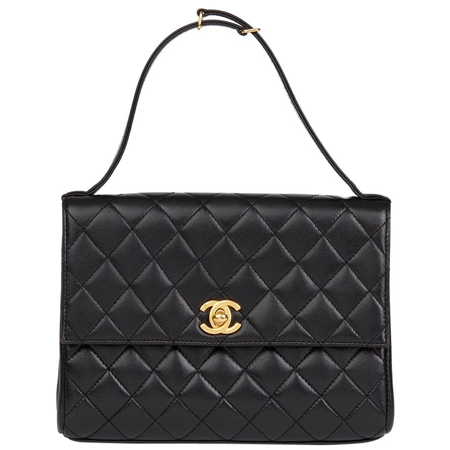 1997 Chanel Black Quilted Lambskin Vintage Classic Top Handle Clutch 