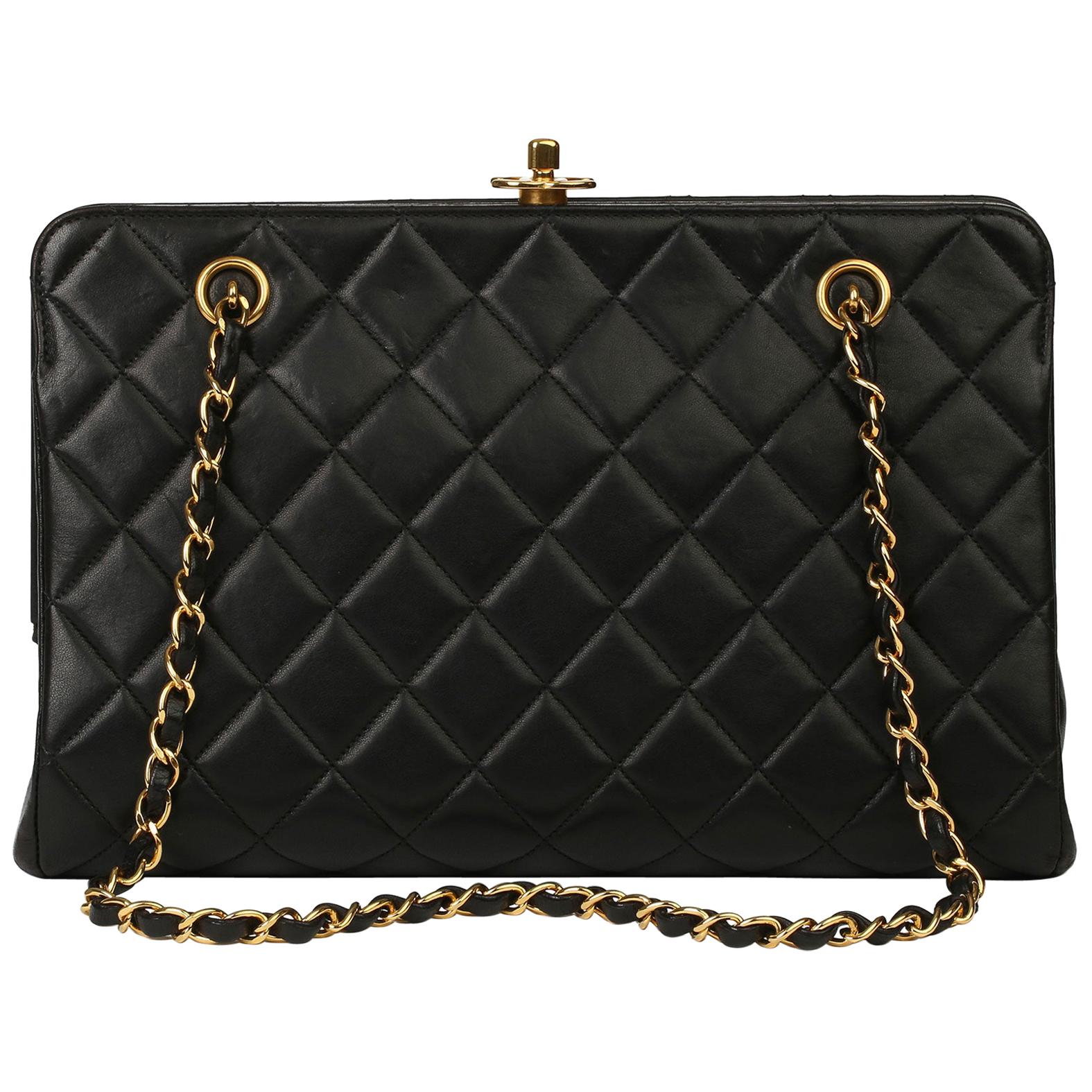 1997 Chanel Black Quilted Lambskin Vintage Timeless Frame Bag 