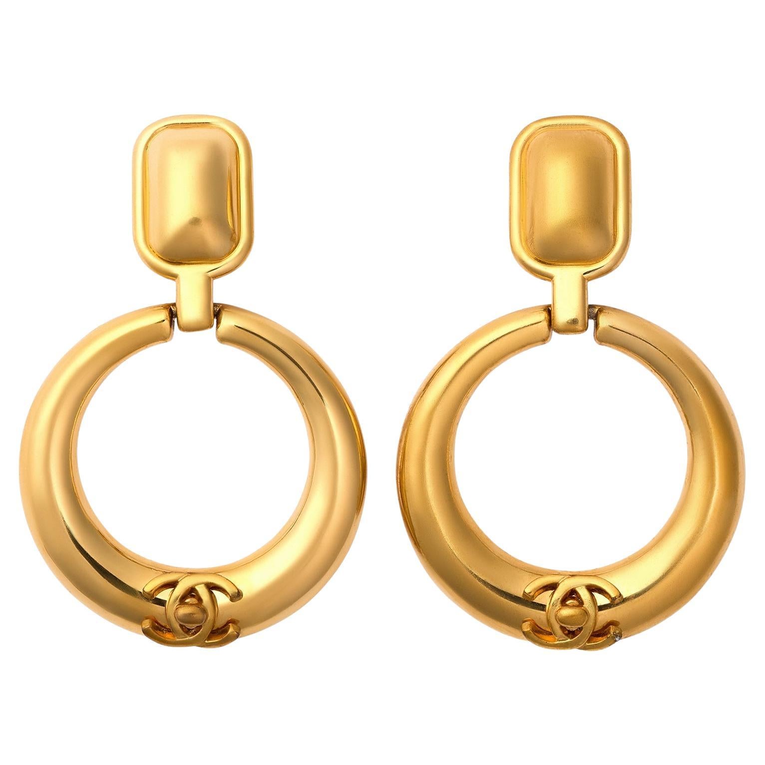 1997 Chanel Clip On Hoop Dangle CC Earrings For Sale