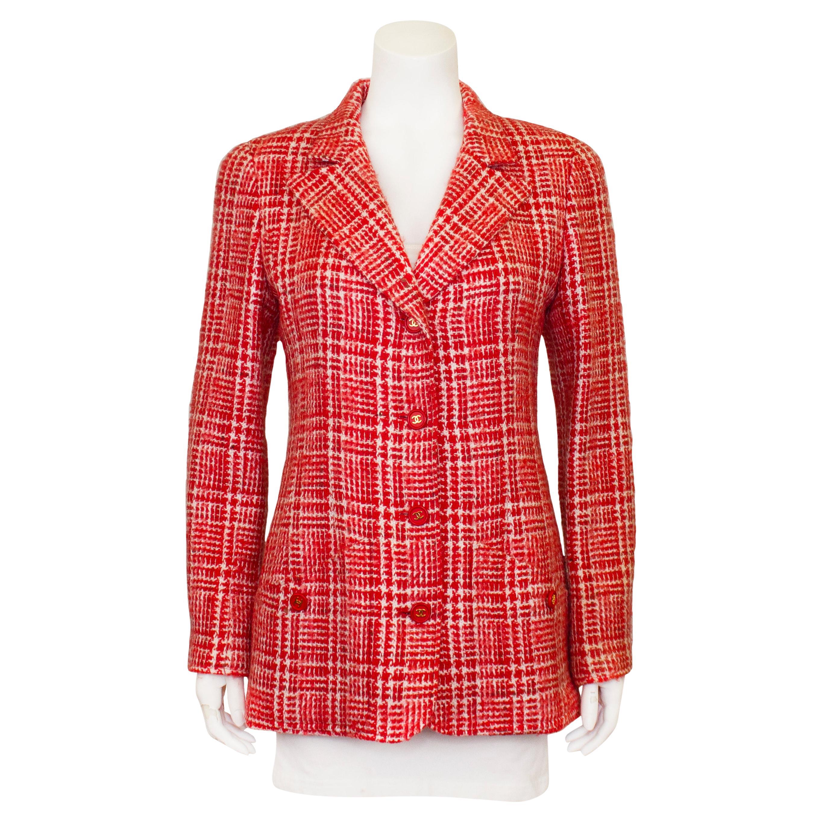 1997 Chanel RTW Spring Collection Giacca di lana a quadri rossi e crema