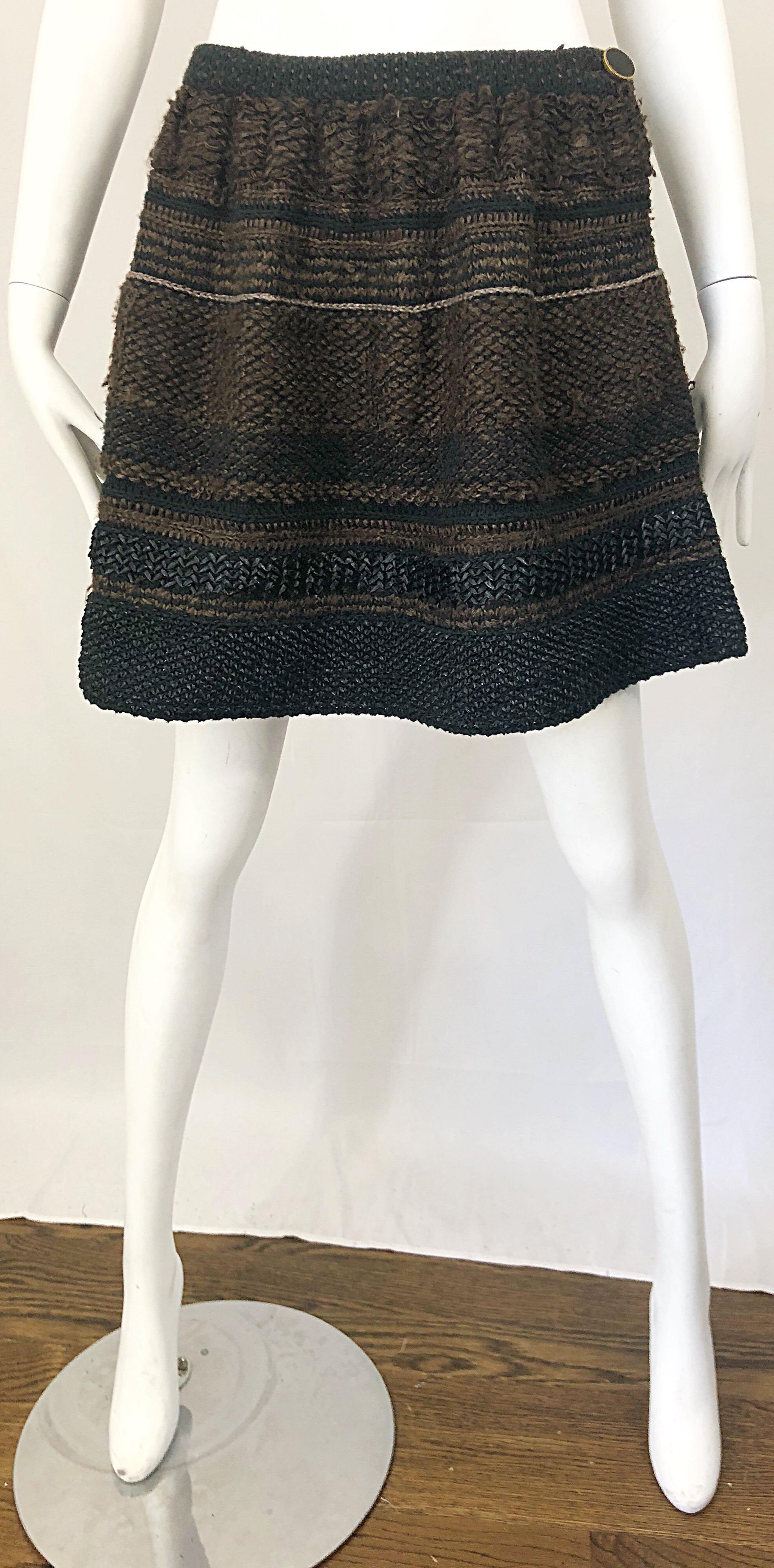 1997 Chloe by Stella McCartney Sz 44 / 12 Brown Black Raffia A  Line Mini Skirt For Sale 6