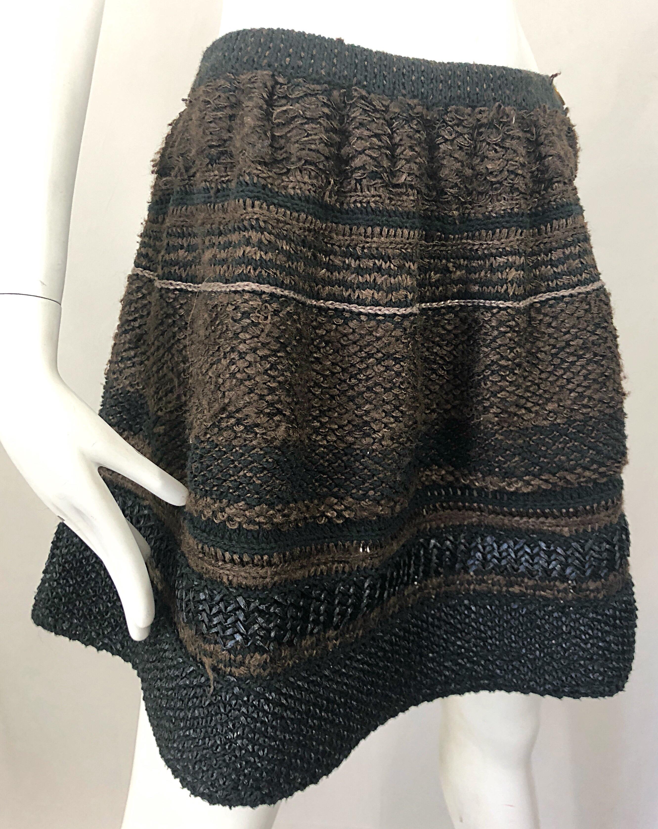 1997 Chloe by Stella McCartney Sz 44 / 12 Brown Black Raffia A  Line Mini Skirt For Sale 7