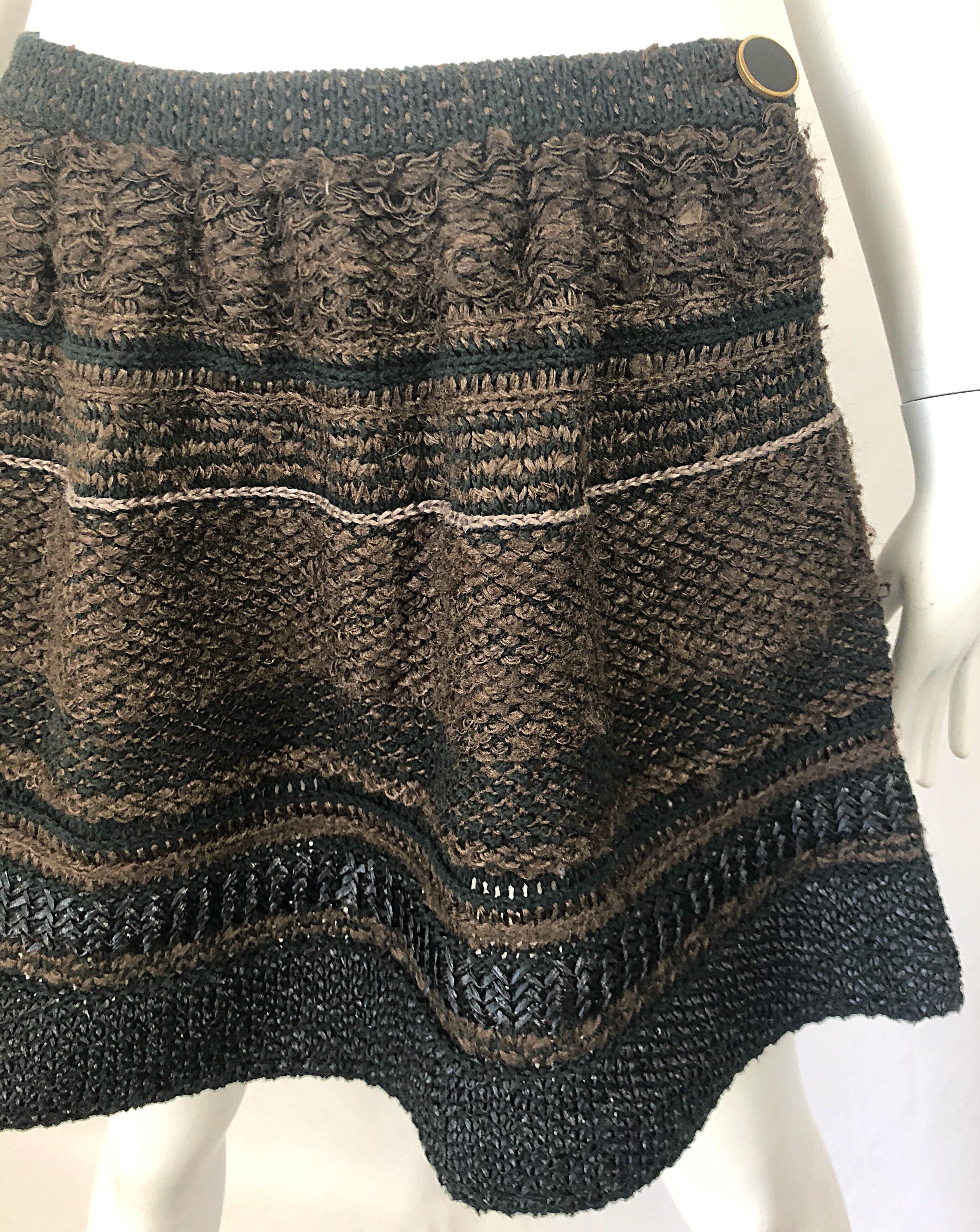 1997 Chloe by Stella McCartney Sz 44 / 12 Brown Black Raffia A  Line Mini Skirt In Excellent Condition For Sale In San Diego, CA
