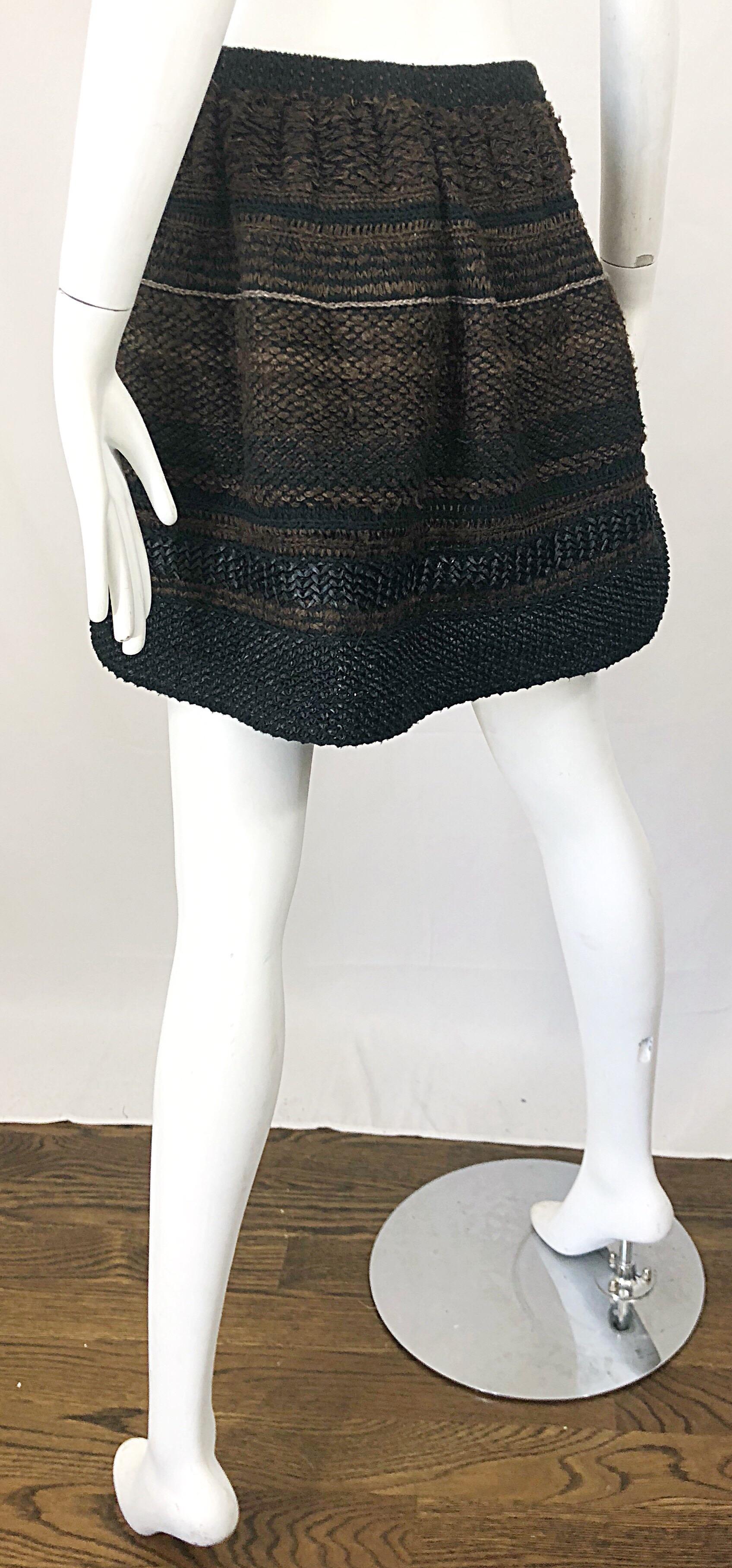1997 Chloe by Stella McCartney Sz 44 / 12 Brown Black Raffia A  Line Mini Skirt For Sale 2