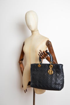 1997 Christian Dior Black Lambskin Leather Lady Dior Cannage Handbag