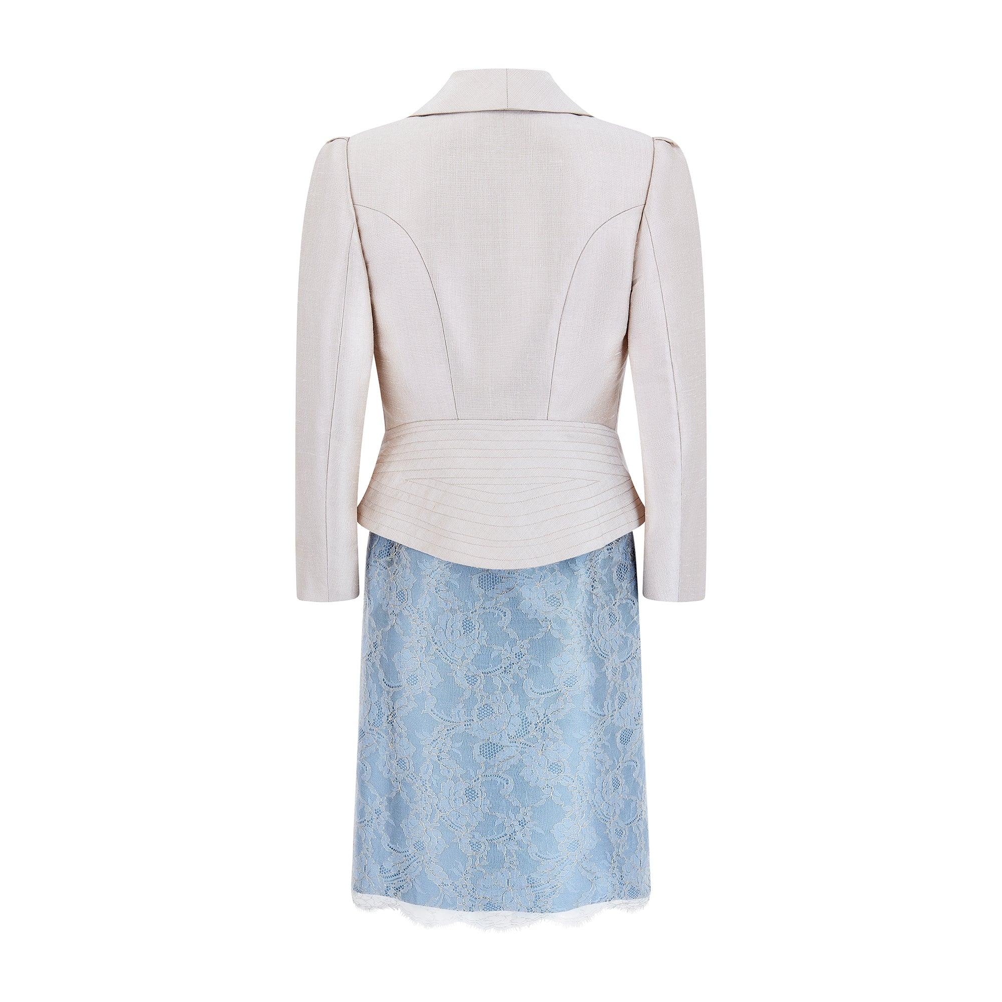 Grigio 1997 Christian Lacroix Haute Couture: abito e giacca in pizzo blu da passerella in vendita