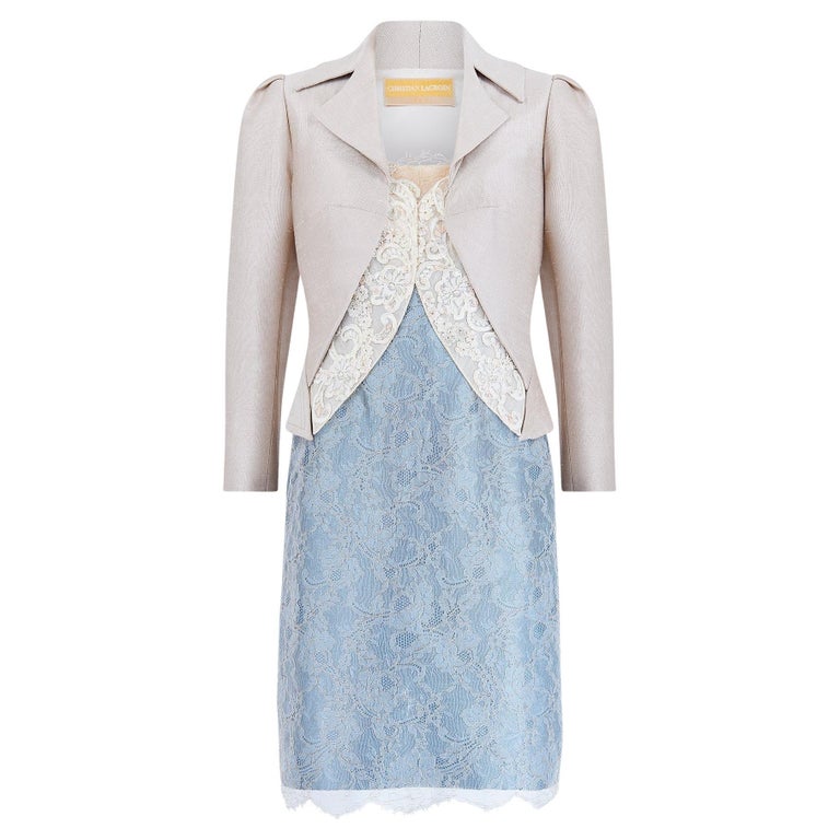 christian lacroix dress Christian Lacroix Vintage Lace Bow Mini Dress Pearlescent Blue