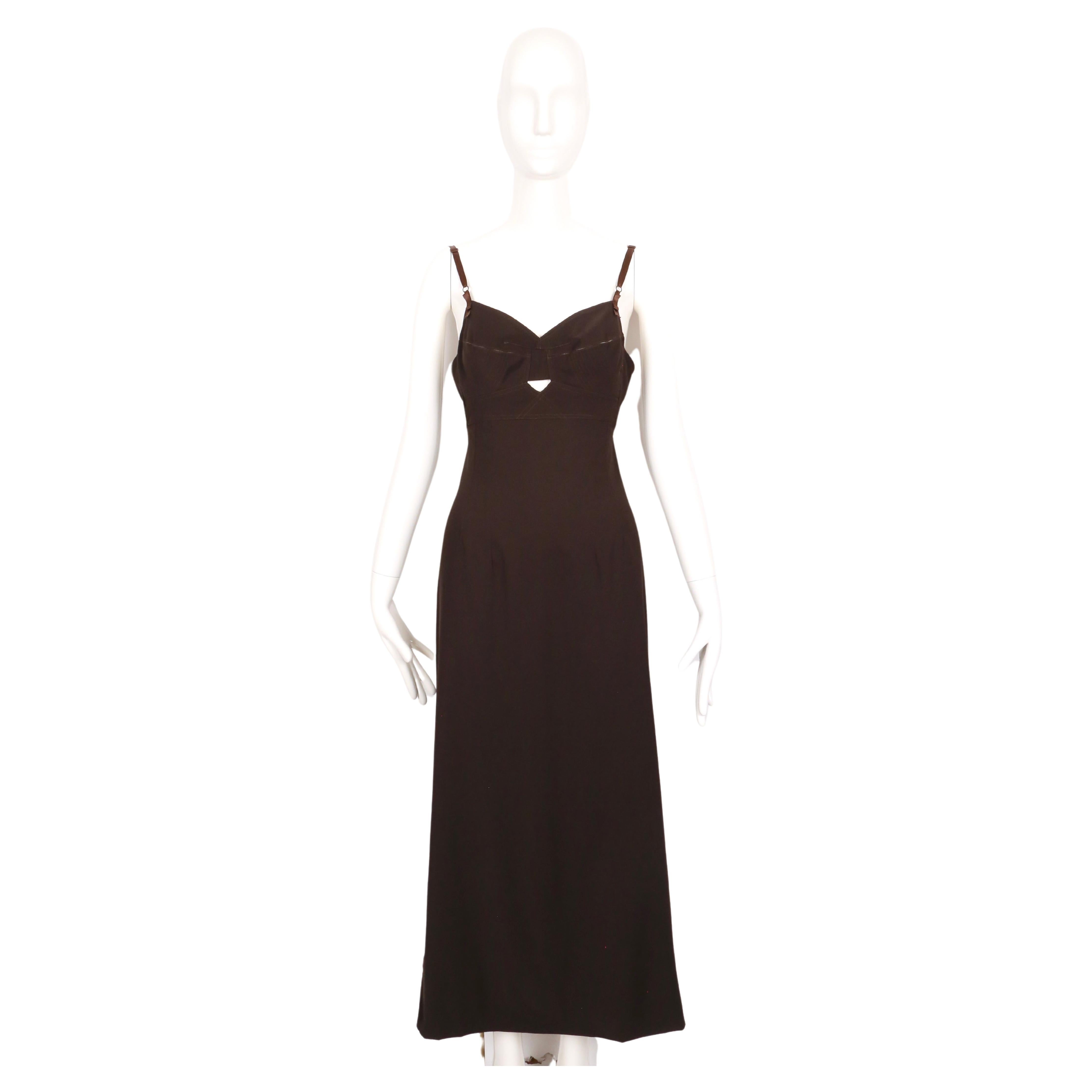 Espresso brown bustier dress designed by Dolce & Gabbana dating to the spring of 1997 as seen on Kate Moss in a leopard print from the spring runway show. Dress has a bustier bra top with a cut-out under the bust and a long loose slight A-line