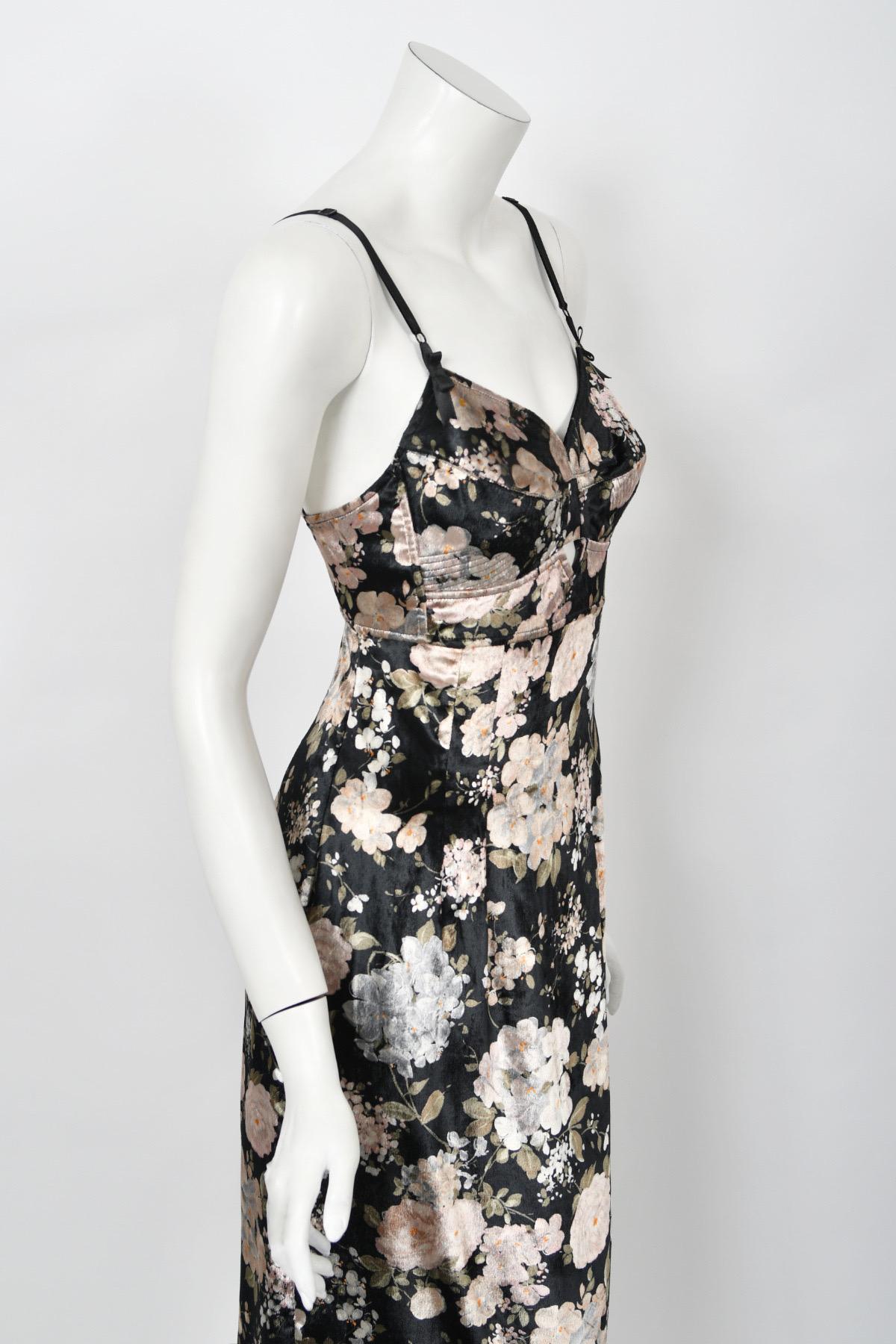 1997 Dolce & Gabbana Floral Stretch Velvet Cut-Out Bustier Slip Dress with Tags  For Sale 9