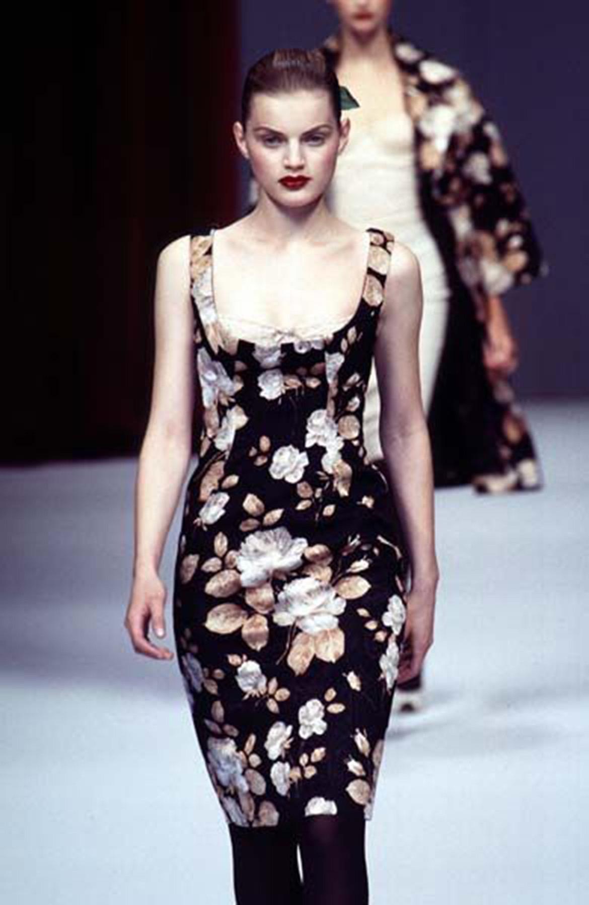 An ultra seductive and instantly recognizable Dolce & Gabbana floral print stretch velvet bustier bra-strap slip dress dating back to their 1997 spring-summer collection. This design debuted on the runway in multiple similar floral fabric patterns.