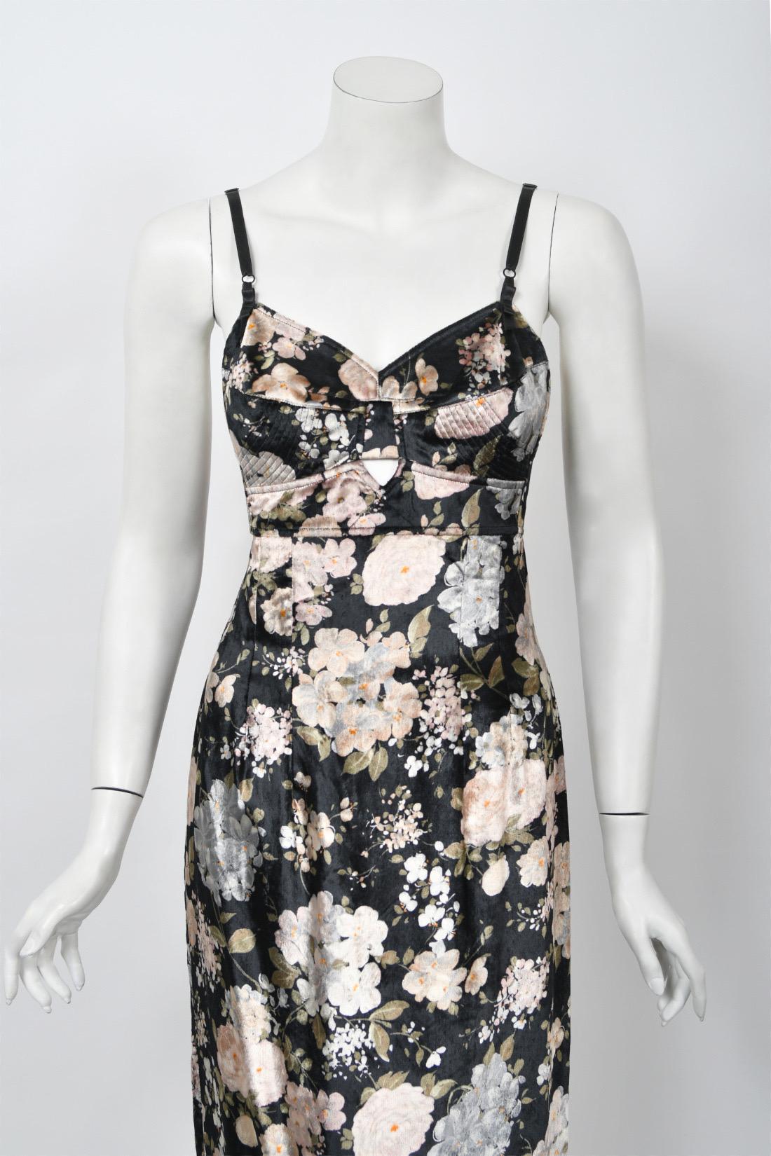 1997 Dolce & Gabbana Floral Stretch Velvet Cut-Out Bustier Slip Dress with Tags  For Sale 2