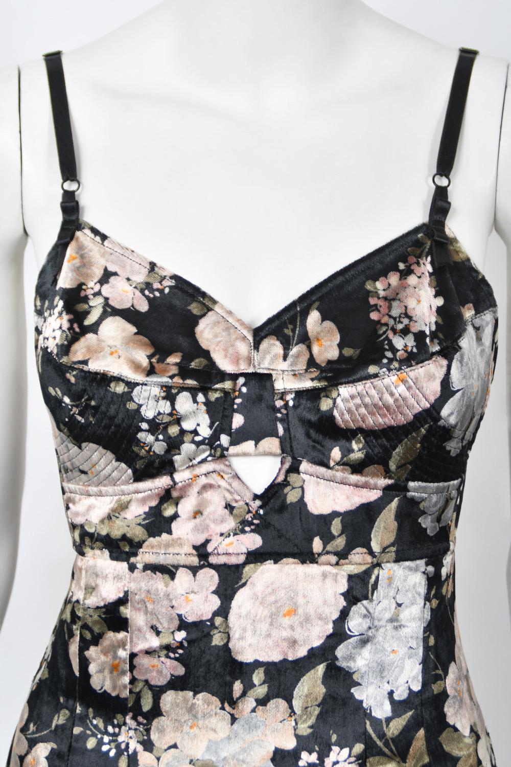 1997 Dolce & Gabbana Floral Stretch Velvet Cut-Out Bustier Slip Dress with Tags  For Sale 3