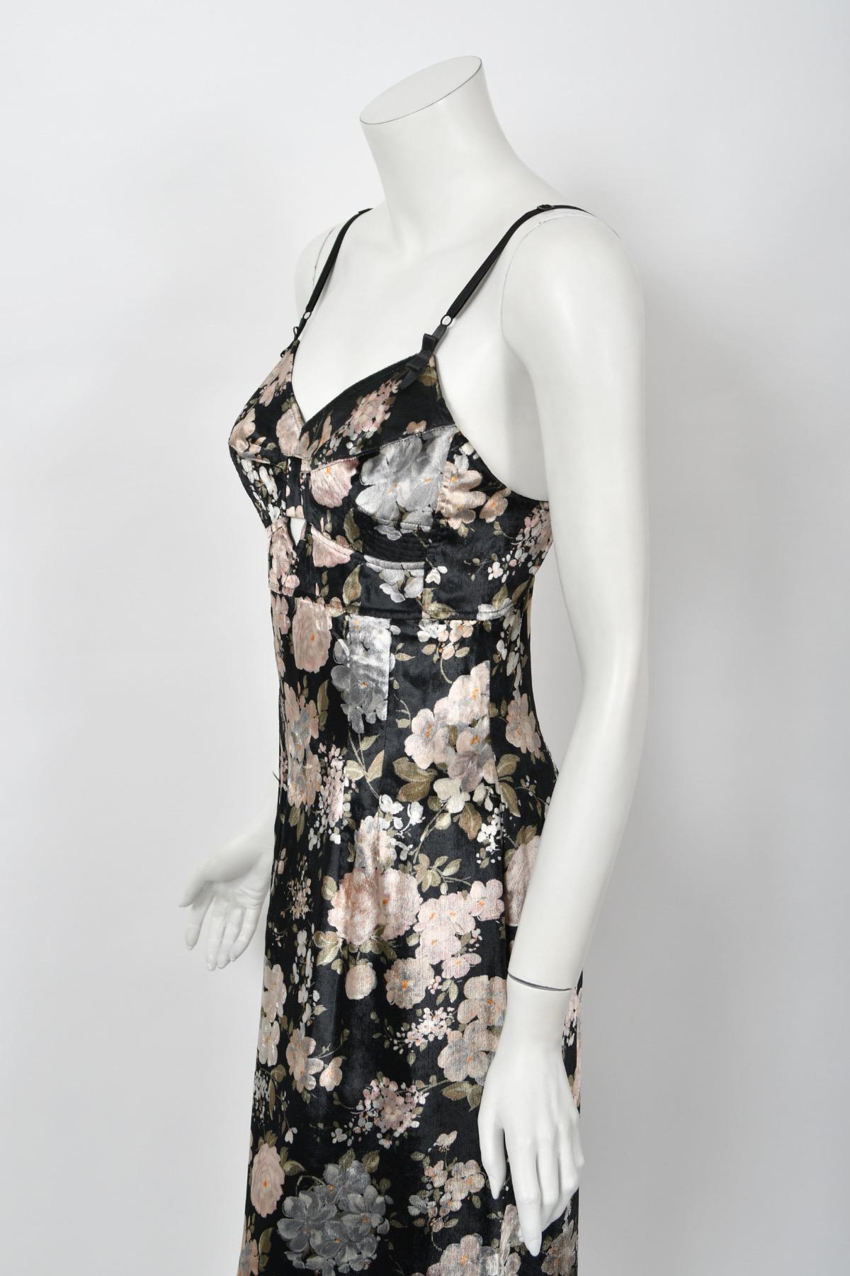 1997 Dolce & Gabbana Floral Stretch Velvet Cut-Out Bustier Slip Dress with Tags  For Sale 5