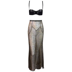 1997 Dolce 
Gabbana NWT Black Lace Bra 
Sheer Leopard Silk Long Skirt