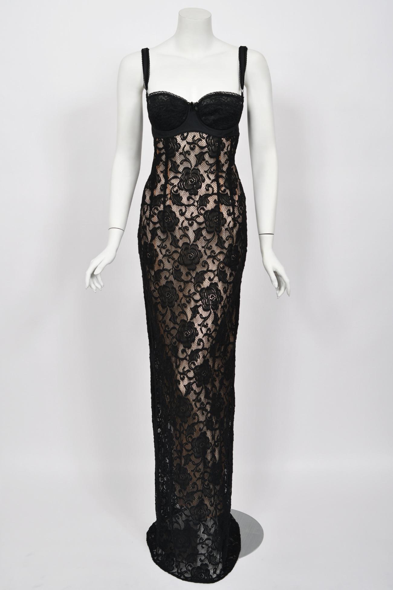 1997 Dolce & Gabbana Sheer Black Stretch Lace Built-In Bra Hourglass Slip Gown 11