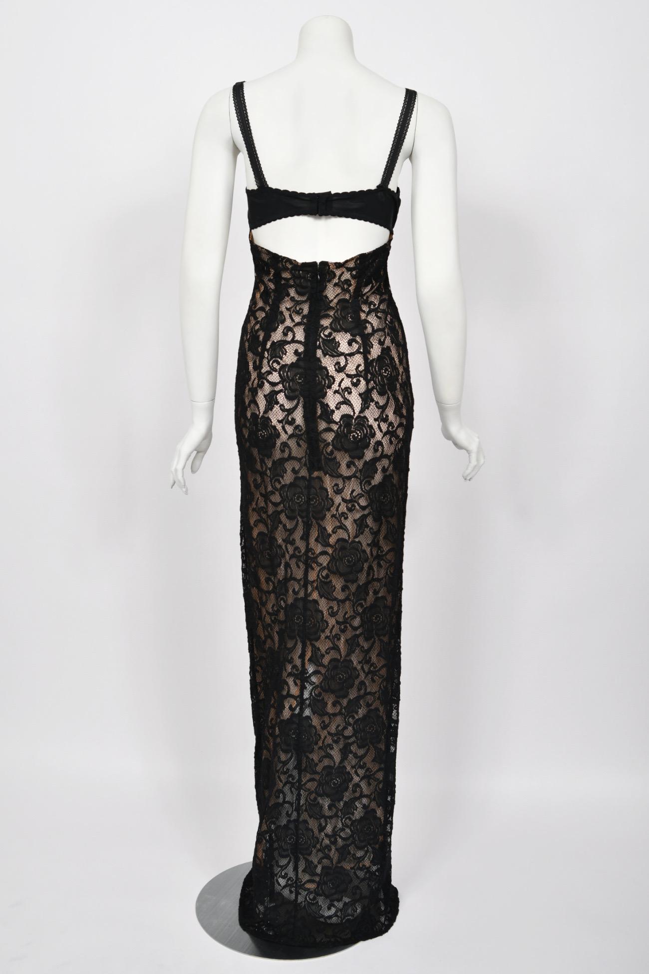 1997 Dolce & Gabbana Sheer Black Stretch Lace Built-In Bra Hourglass Slip Gown 12