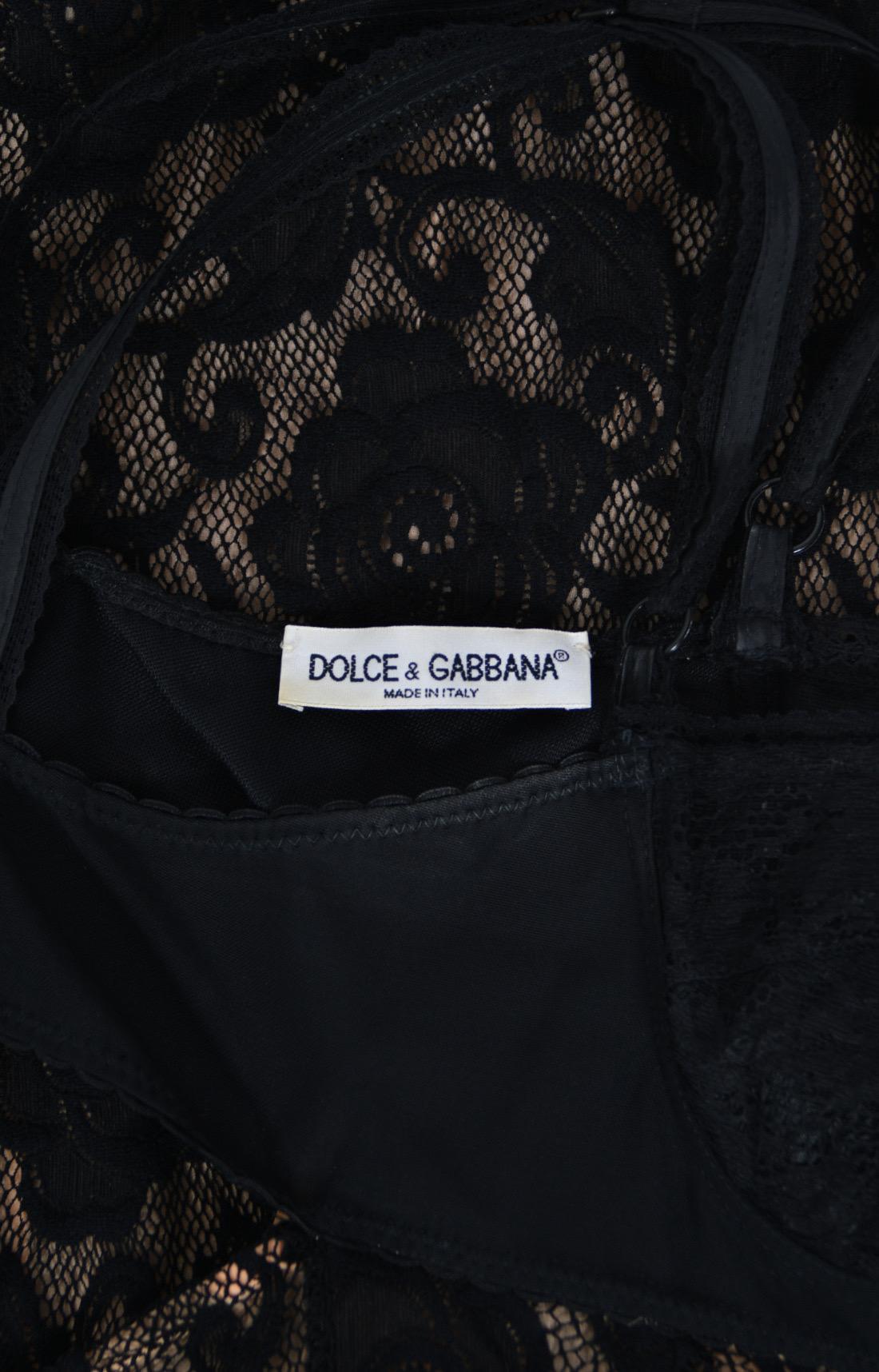 1997 Dolce & Gabbana Sheer Black Stretch Lace Built-In Bra Hourglass Slip Gown 14