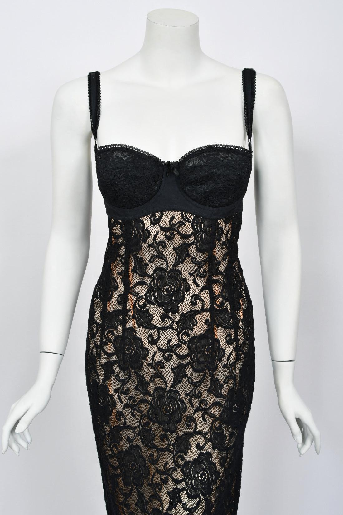 Women's 1997 Dolce & Gabbana Sheer Black Stretch Lace Built-In Bra Hourglass Slip Gown