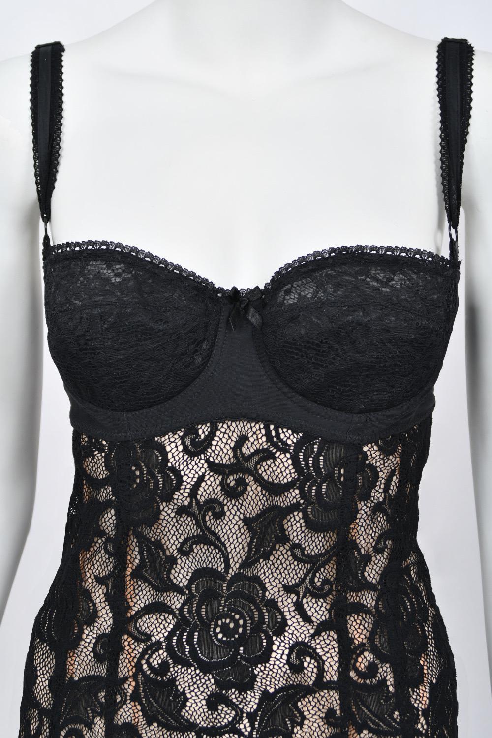 1997 Dolce & Gabbana Sheer Black Stretch Lace Built-In Bra Hourglass Slip Gown 1