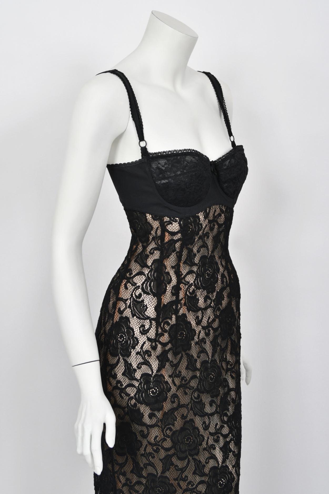 1997 Dolce & Gabbana Sheer Black Stretch Lace Built-In Bra Hourglass Slip Gown 6