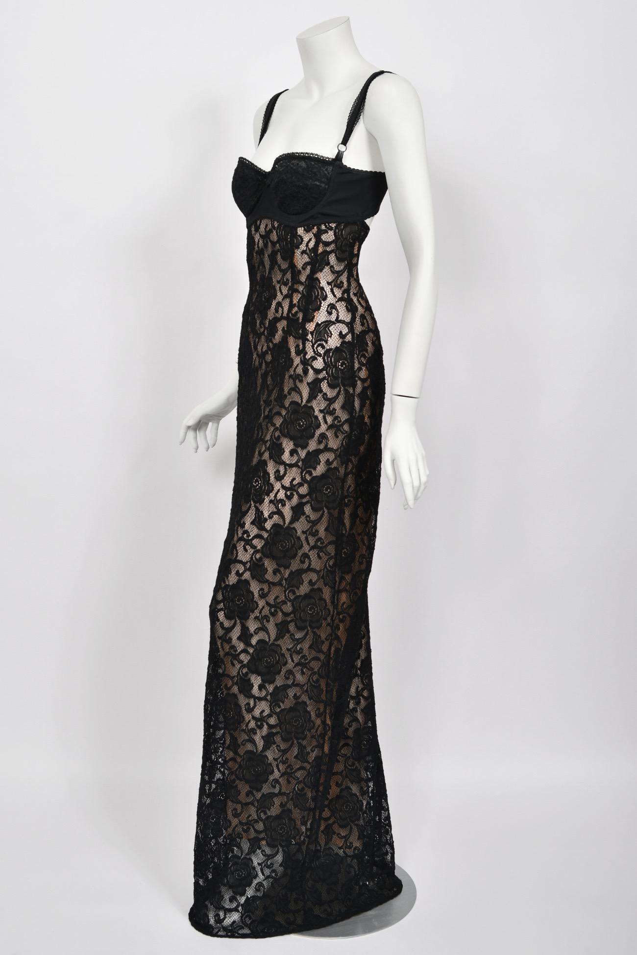 1997 Dolce & Gabbana Sheer Black Stretch Lace Built-In Bra Hourglass Slip Gown 8
