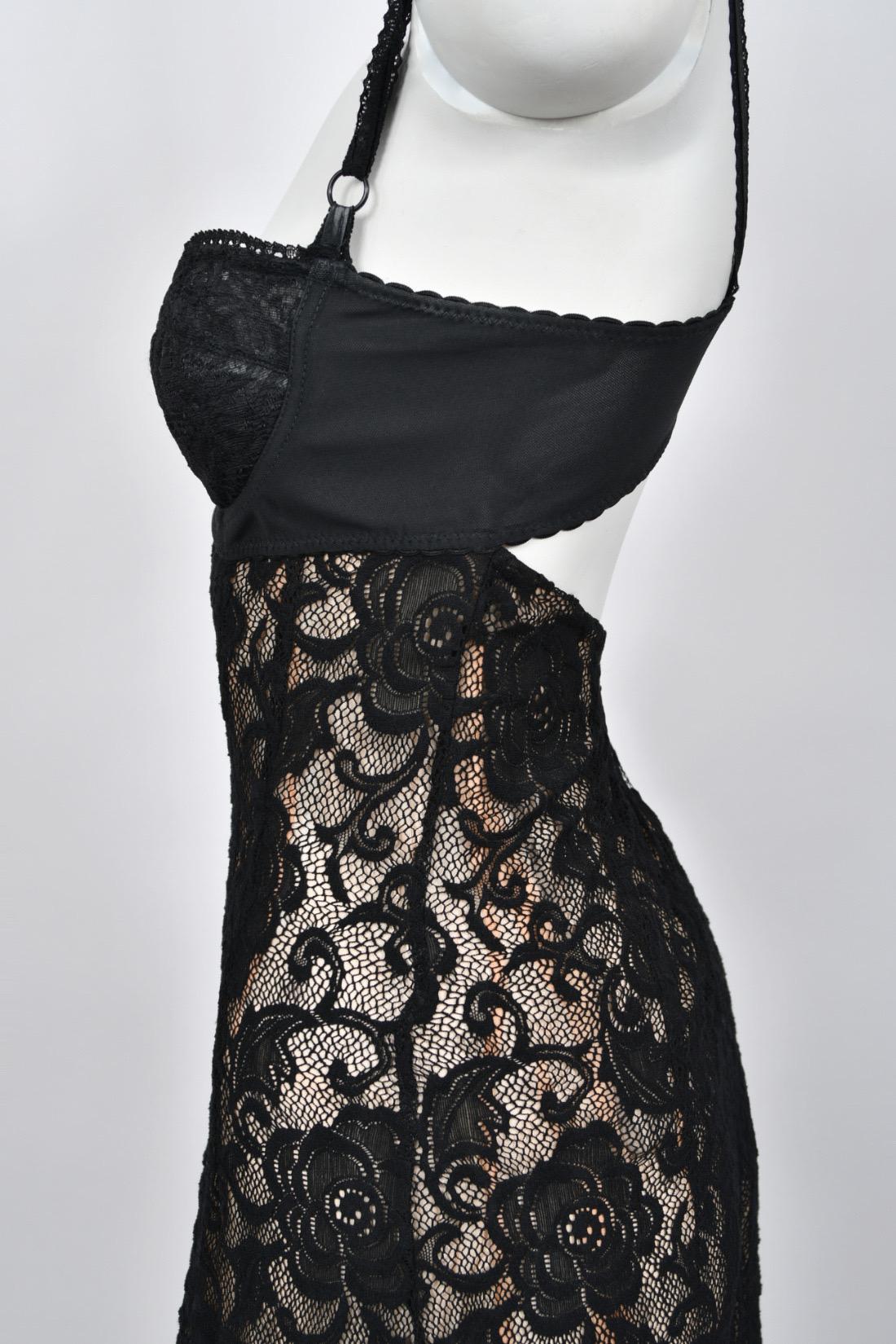 1997 Dolce & Gabbana Sheer Black Stretch Lace Built-In Bra Hourglass Slip Gown 9