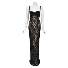 1997 Dolce & Gabbana Sheer Black Stretch Lace Built-In Bra Hourglass Slip Gown