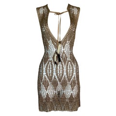 1997 Dolce & Gabbana Sheer Gold Knit Plunging Mini Dress w Feathers