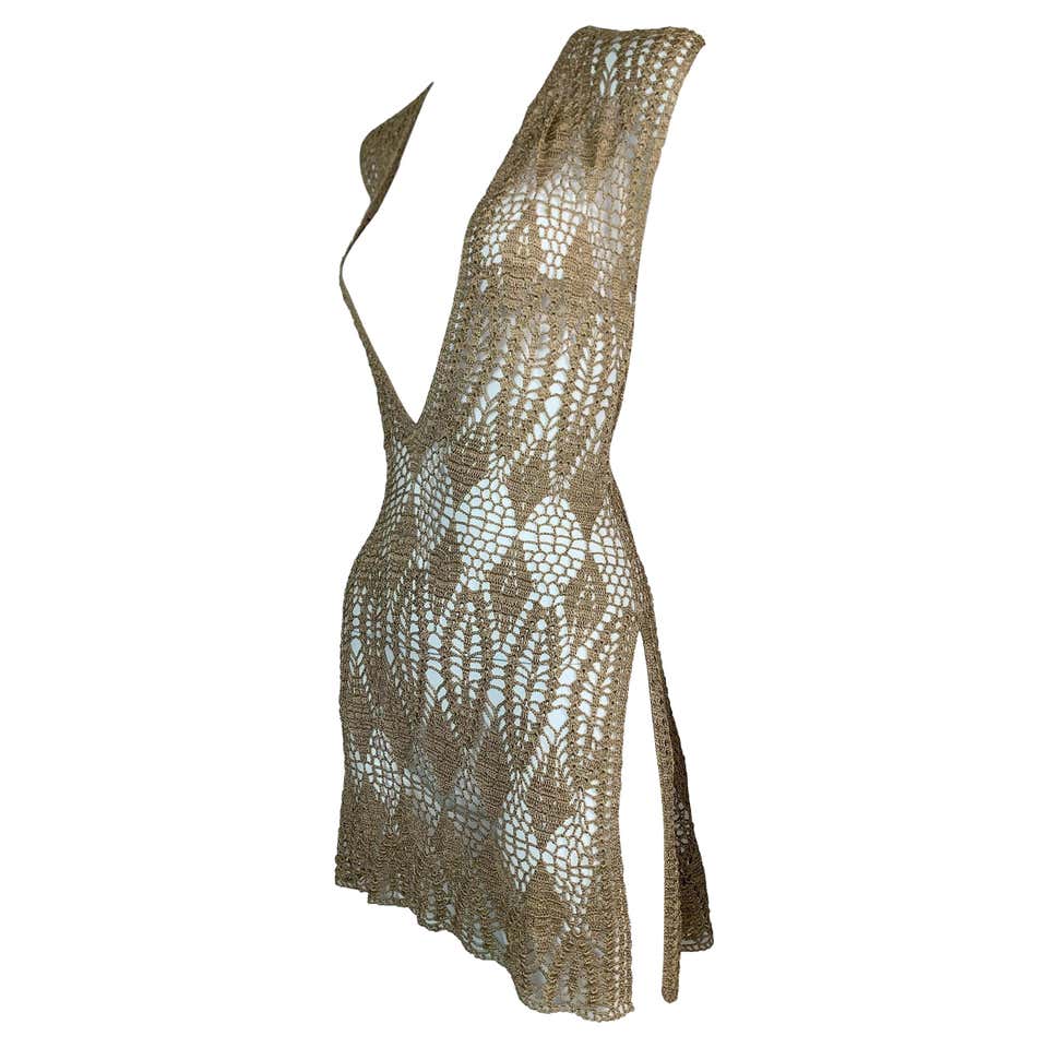 1997 Dolce and Gabbana Sheer Gold Knit Plunging Mini Dress w Slits at ...