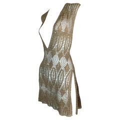 1997 Dolce 
Gabbana Sheer Gold Knit Plunging Mini Dress w Slits