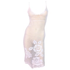 Vintage 1997 Dolce & Gabbana Sheer White Crochet Floral Plunging Wiggle Dress