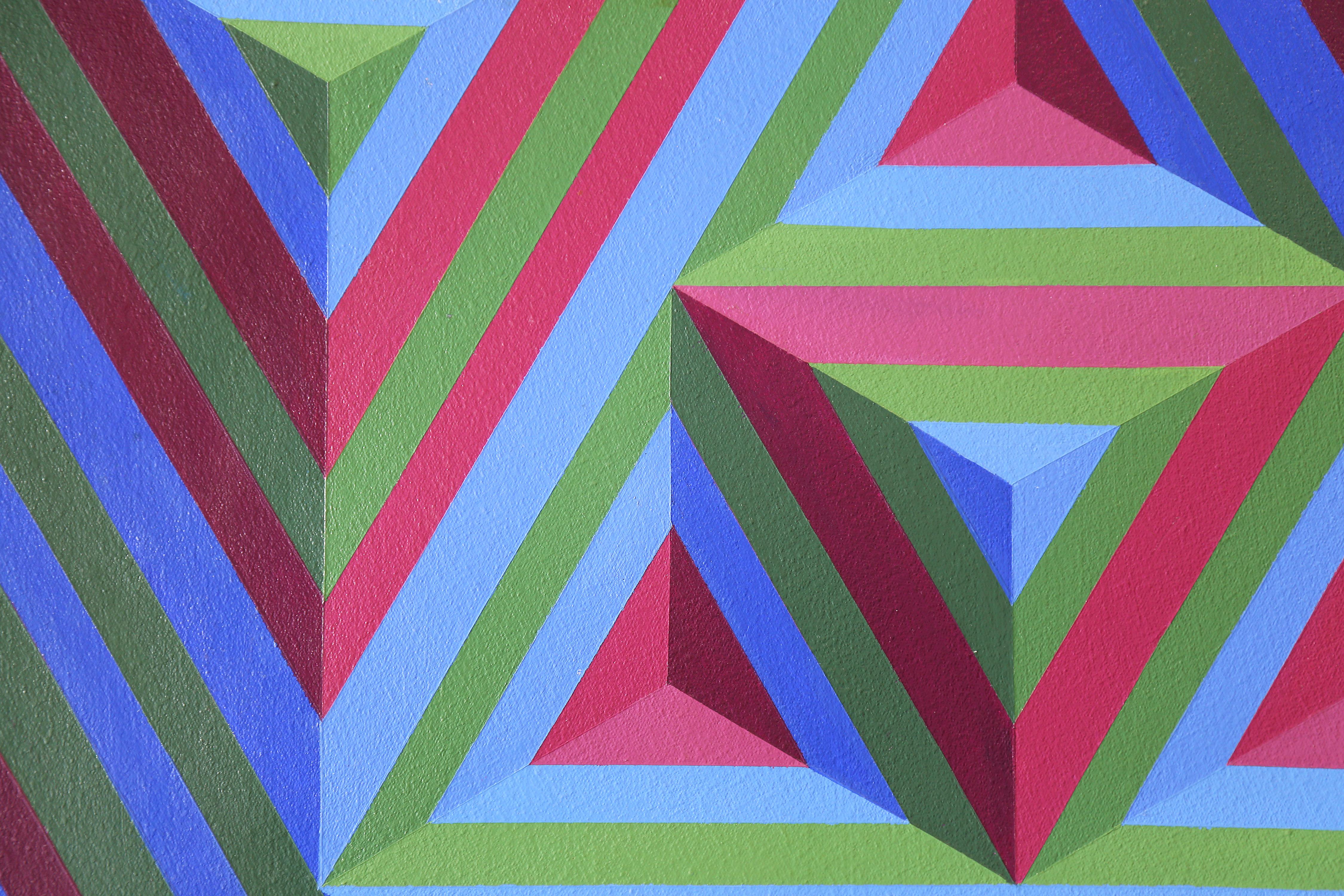 1997 Geometrisches Gemälde, Sechseckiger Rahmen, signiert E. Powell, Victor Vasarely Style (Moderne) im Angebot